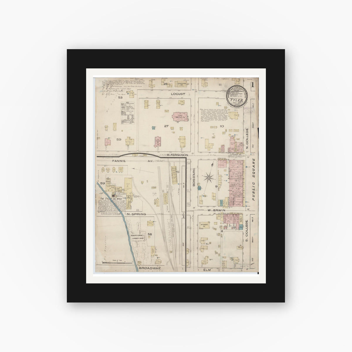 Old map wall art mockup — black gallery frame with white mat — Sanborn Fire Insurance Map from Tyler, Smith County, Texas (1885), Sheet #0001