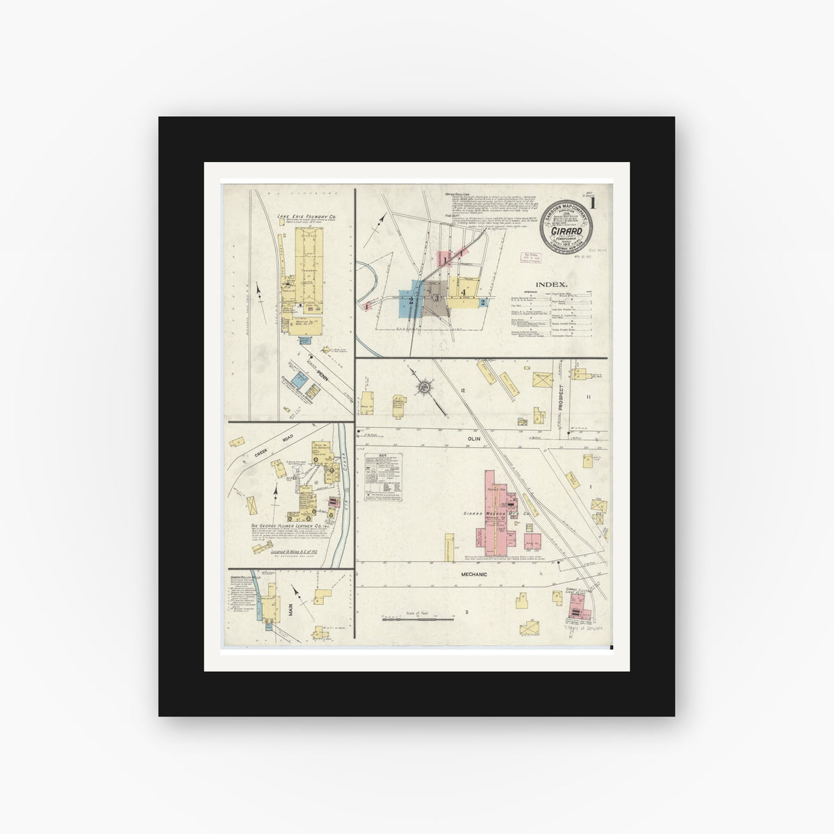 Old map wall art mockup — black gallery frame with white mat — Sanborn Fire Insurance Map from Girard, Erie County, Pennsylvania (1912) - Complete Map Set