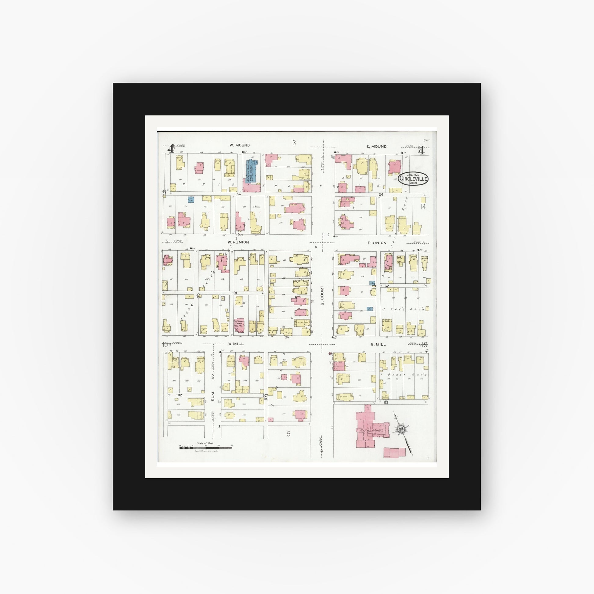 Old map wall art mockup — black gallery frame with white mat — Sanborn Fire Insurance Map from Circleville, Pickaway County, Ohio (1927), Sheet #0004