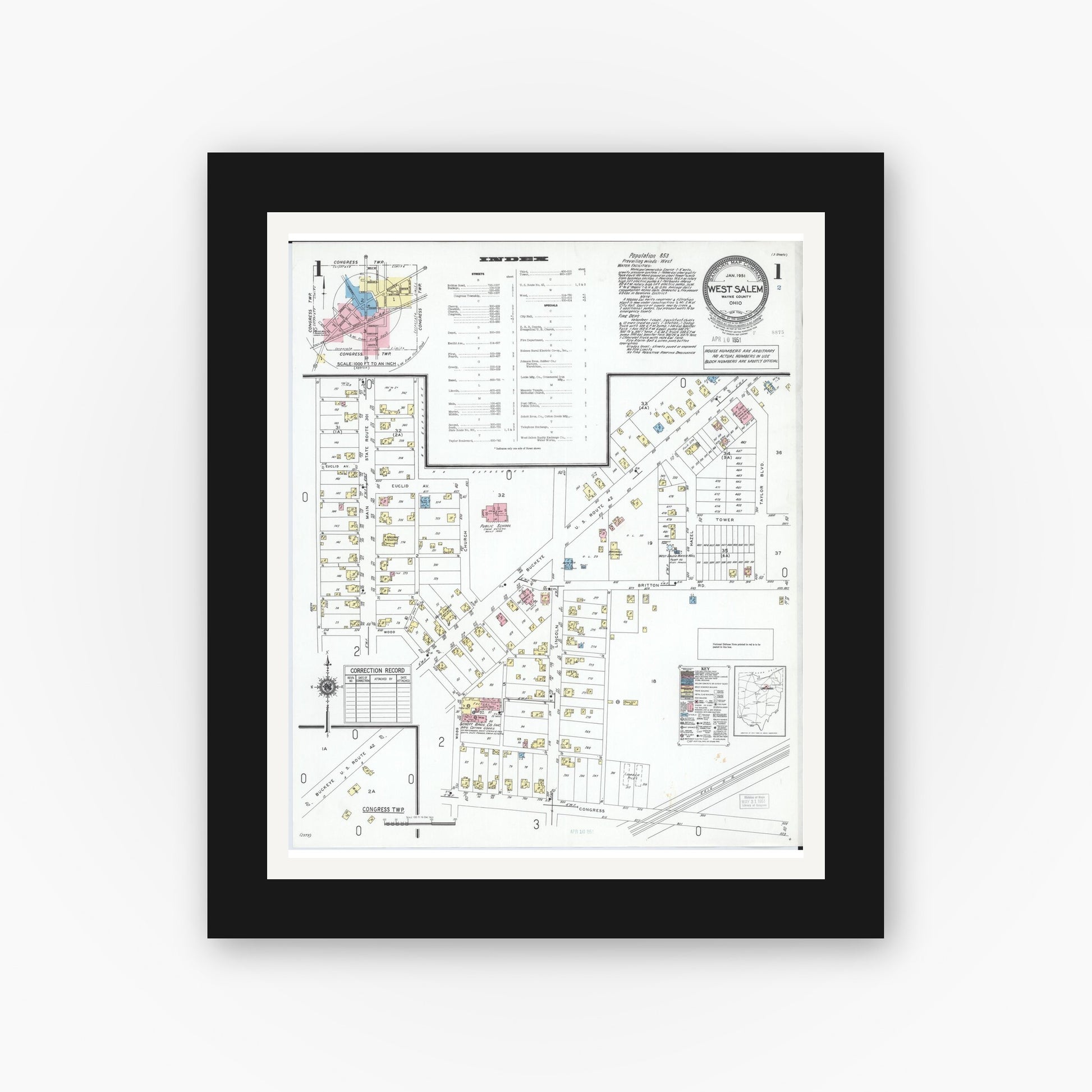 Old map wall art mockup — black gallery frame with white mat — Sanborn Fire Insurance Map from West Salem, Wayne County, Ohio (1951) - Complete Map Set