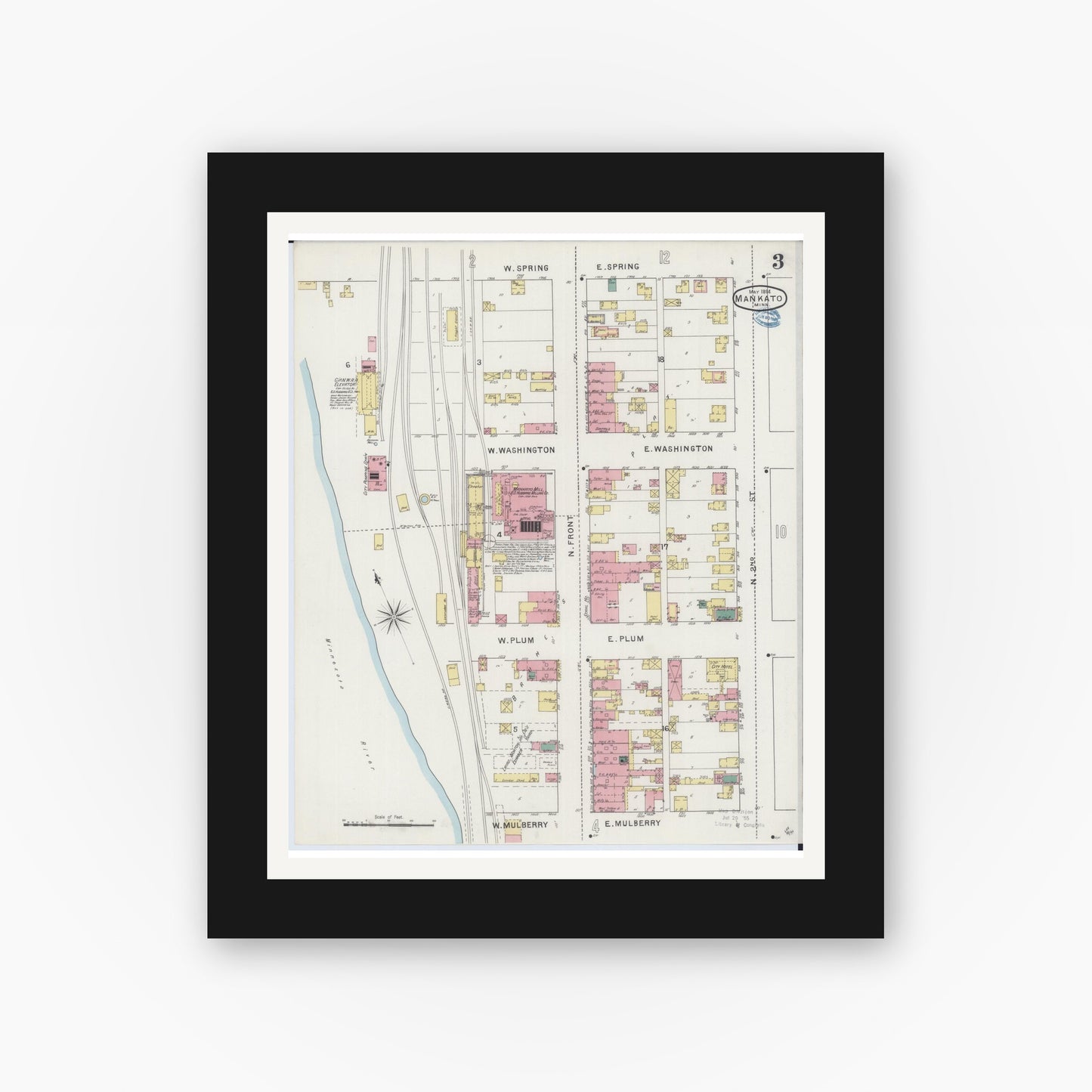 Old map wall art mockup — black gallery frame with white mat — Sanborn Fire Insurance Map from Mankato, Blue Earth County, Minnesota (1894), Sheet #0003