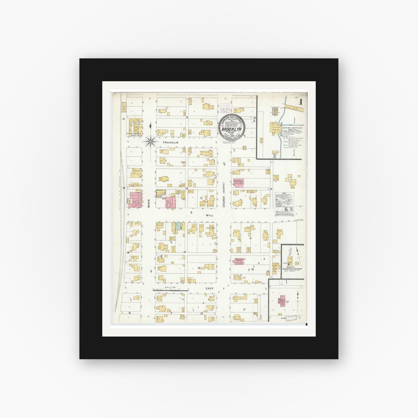 Old map wall art mockup — black gallery frame with white mat — Sanborn Fire Insurance Map from Brooklyn, Morgan County, Indiana (1908) - Complete Map Set