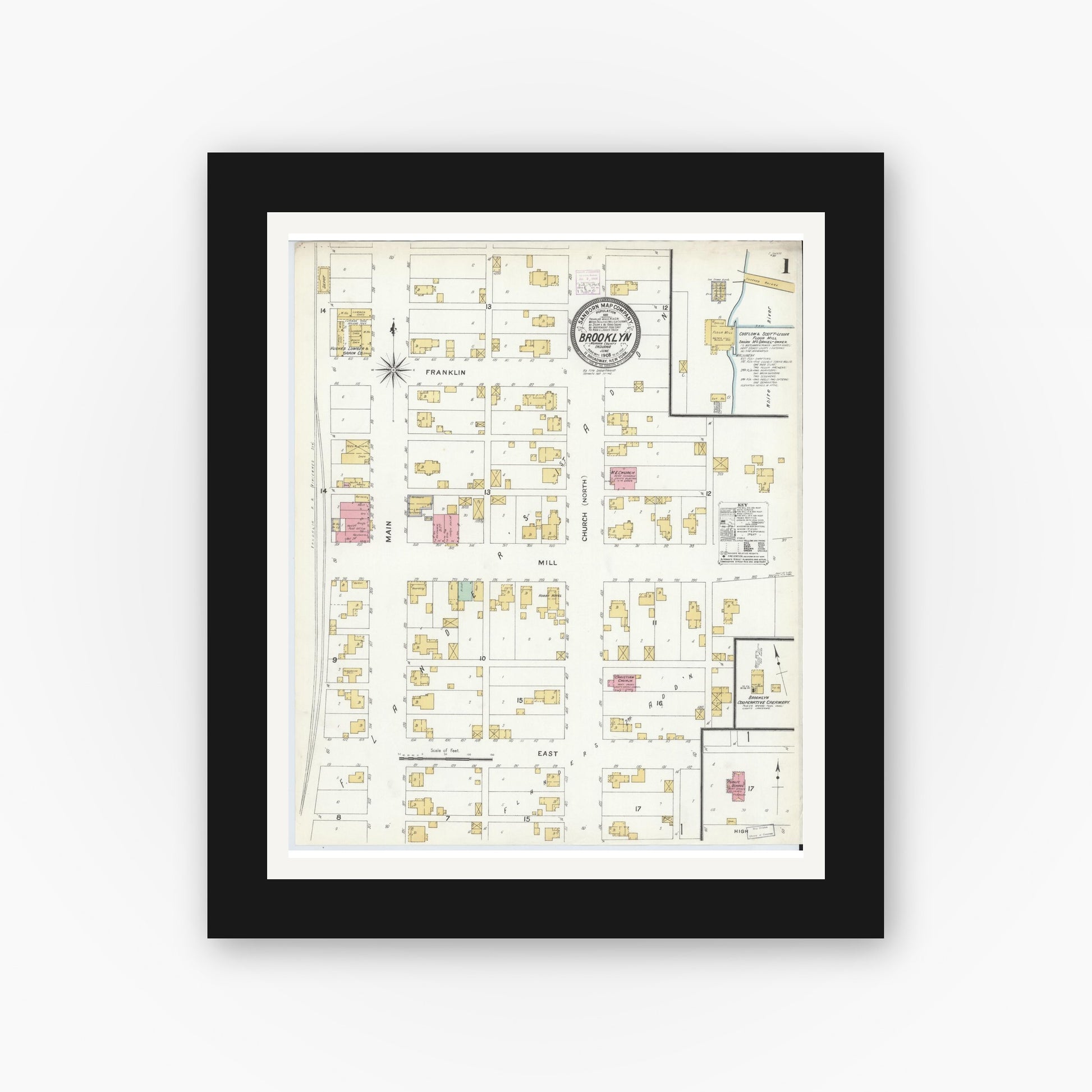 Old map wall art mockup — black gallery frame with white mat — Sanborn Fire Insurance Map from Brooklyn, Morgan County, Indiana (1908) - Complete Map Set