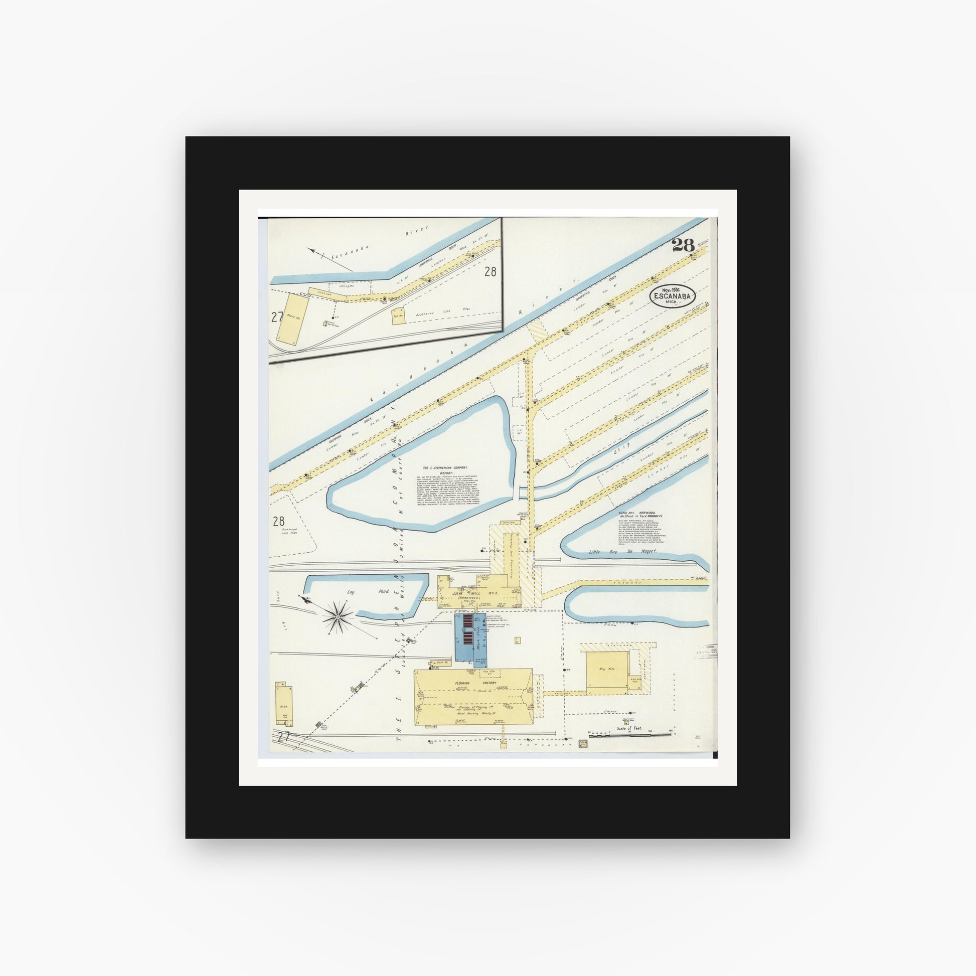 Old map wall art mockup — black gallery frame with white mat — Sanborn Fire Insurance Map from Escanaba, Delta County, Michigan (1906), Sheet #0028