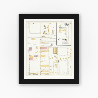 Old map wall art mockup — black gallery frame with white mat — Sanborn Fire Insurance Map from McKinney, Collin County, Texas (1908), Sheet #0007