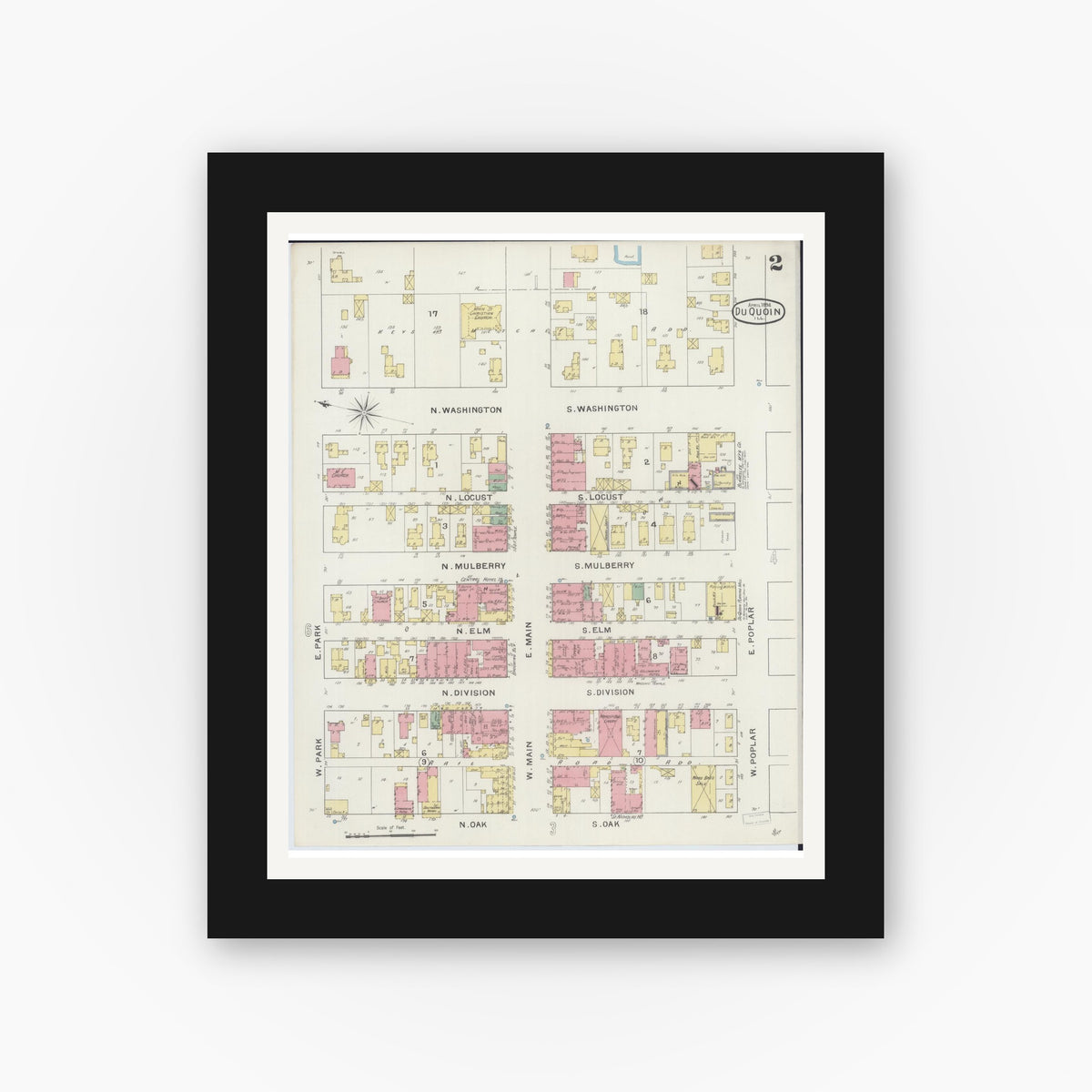 Old map wall art mockup — black gallery frame with white mat — Sanborn Fire Insurance Map from Du Quoin, Perry County, Illinois (1894), Sheet #0002