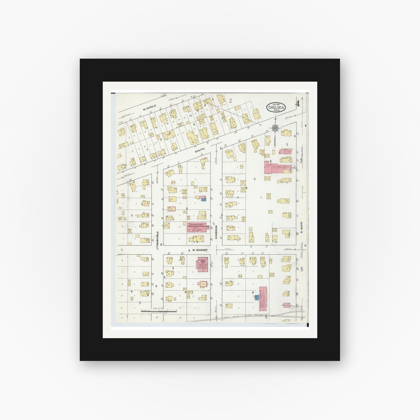 Old map wall art mockup — black gallery frame with white mat — Sanborn Fire Insurance Map from Chelsea, Washtenaw County, Michigan (1918), Sheet #0004