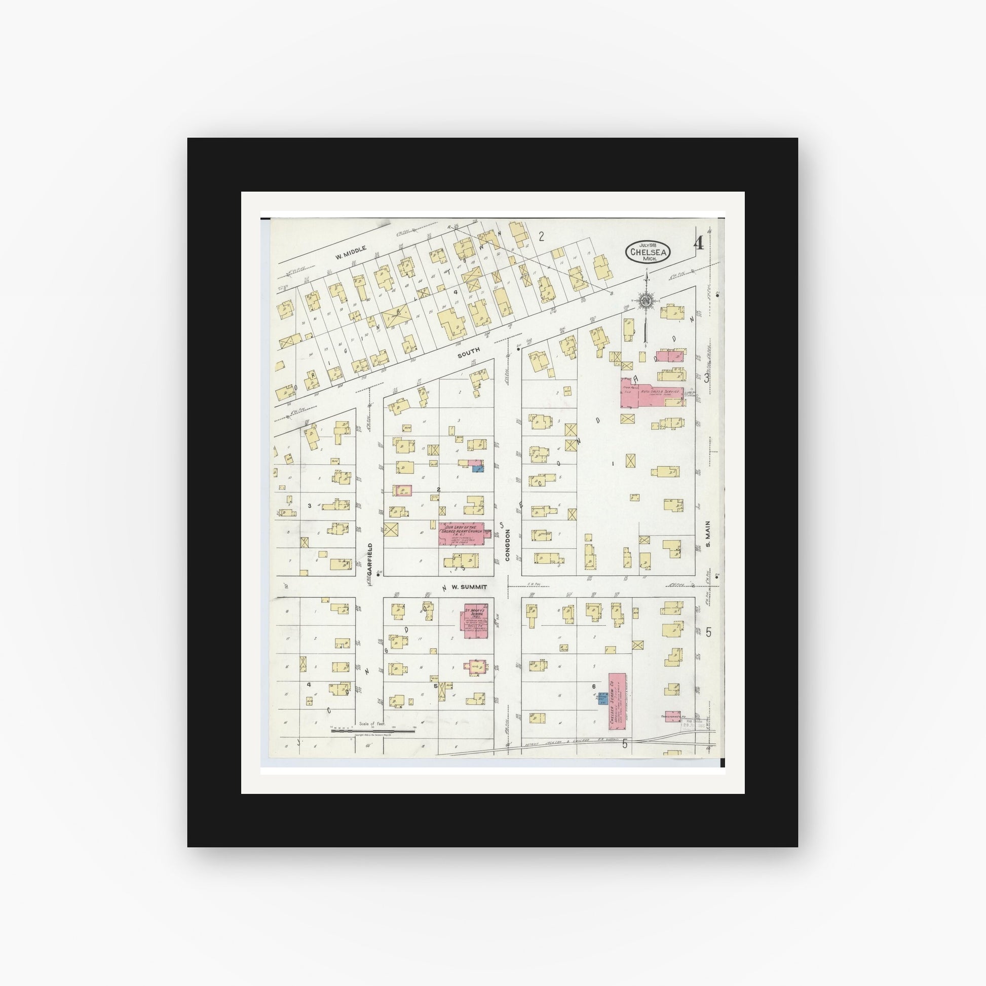 Old map wall art mockup — black gallery frame with white mat — Sanborn Fire Insurance Map from Chelsea, Washtenaw County, Michigan (1918), Sheet #0004
