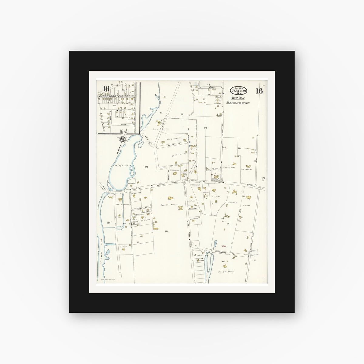 Old map wall art mockup — black gallery frame with white mat — Sanborn Fire Insurance Map from Babylon, Suffolk County, New York (1923), Sheet #0016
