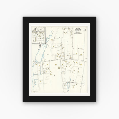 Old map wall art mockup — black gallery frame with white mat — Sanborn Fire Insurance Map from Babylon, Suffolk County, New York (1923), Sheet #0016