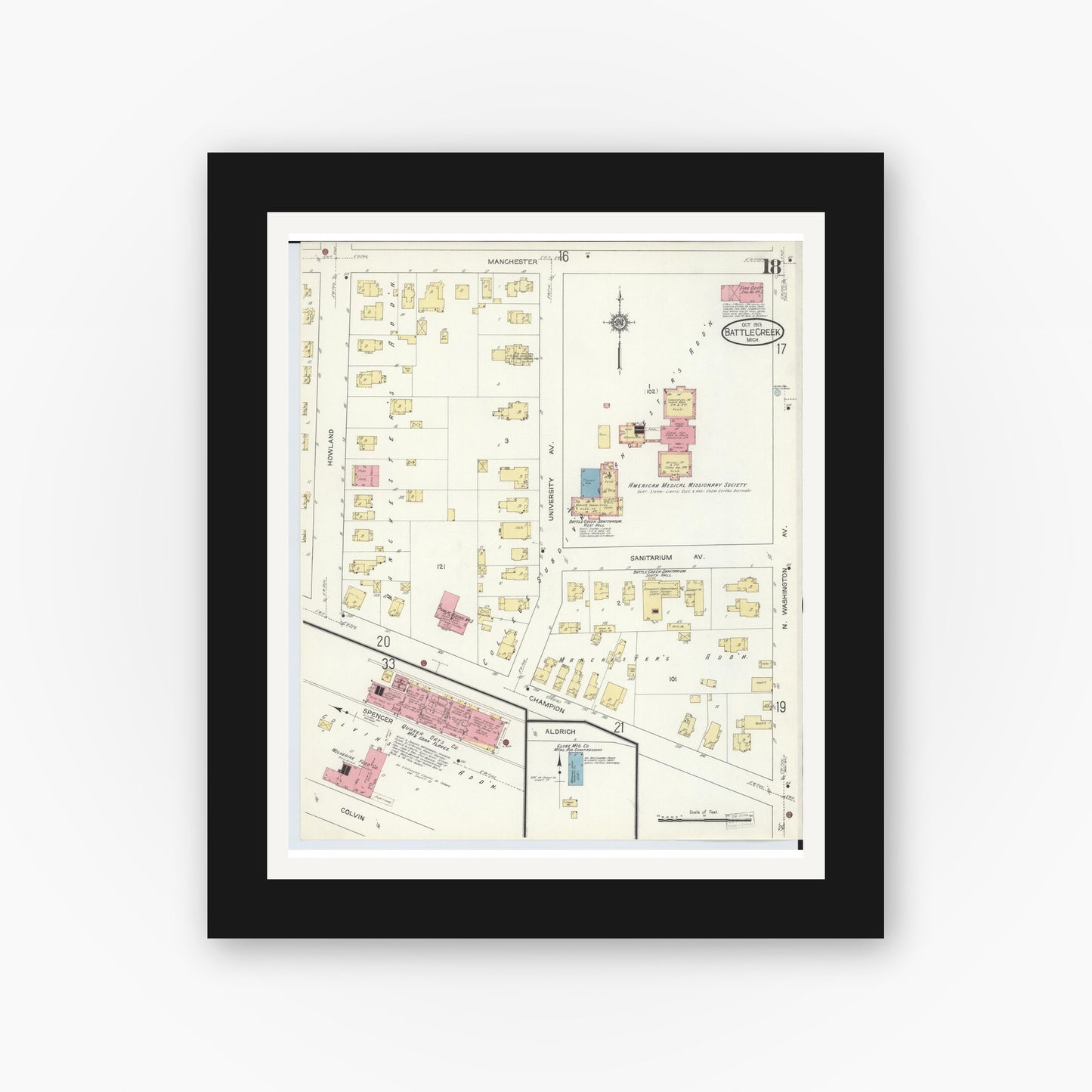 Old map wall art mockup — black gallery frame with white mat — Sanborn Fire Insurance Map from Battle Creek, Calhoun County, Michigan (1913), Sheet #0018