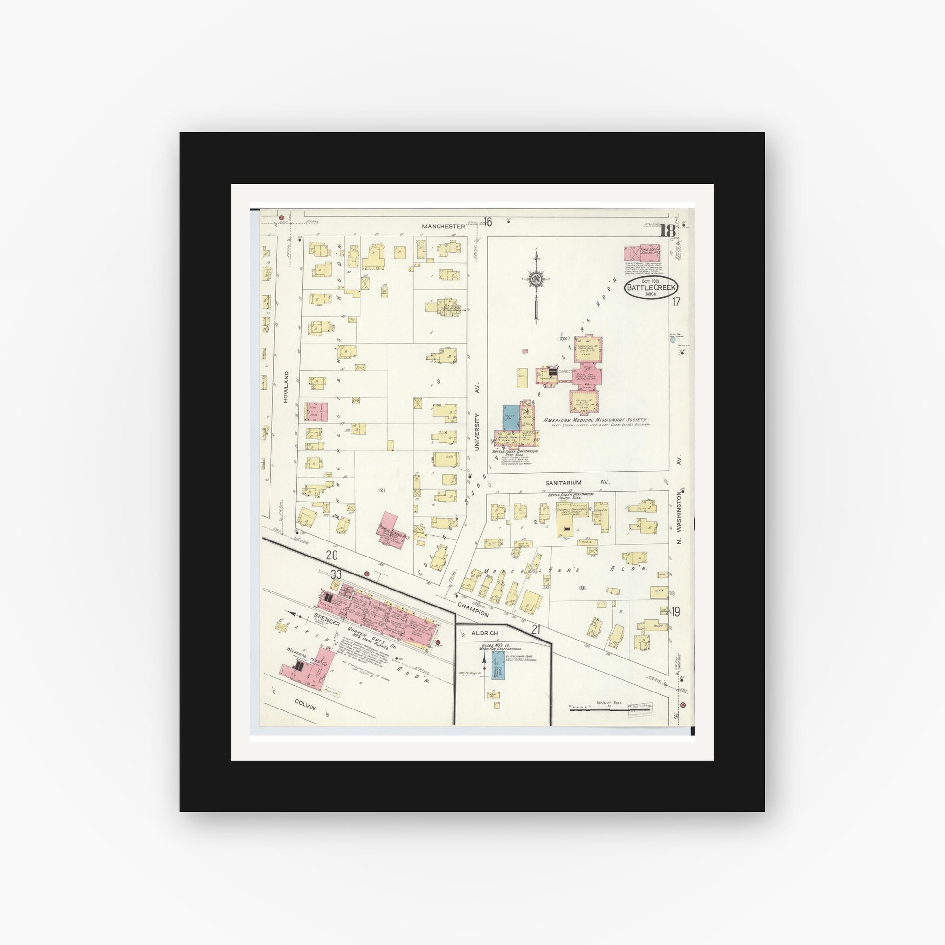 Old map wall art mockup — black gallery frame with white mat — Sanborn Fire Insurance Map from Battle Creek, Calhoun County, Michigan (1913), Sheet #0018