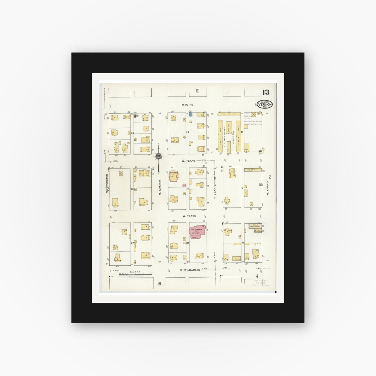 Old map wall art mockup — black gallery frame with white mat — Sanborn Fire Insurance Map from Vernon, Wilbarger County, Texas (1920), Sheet #0013
