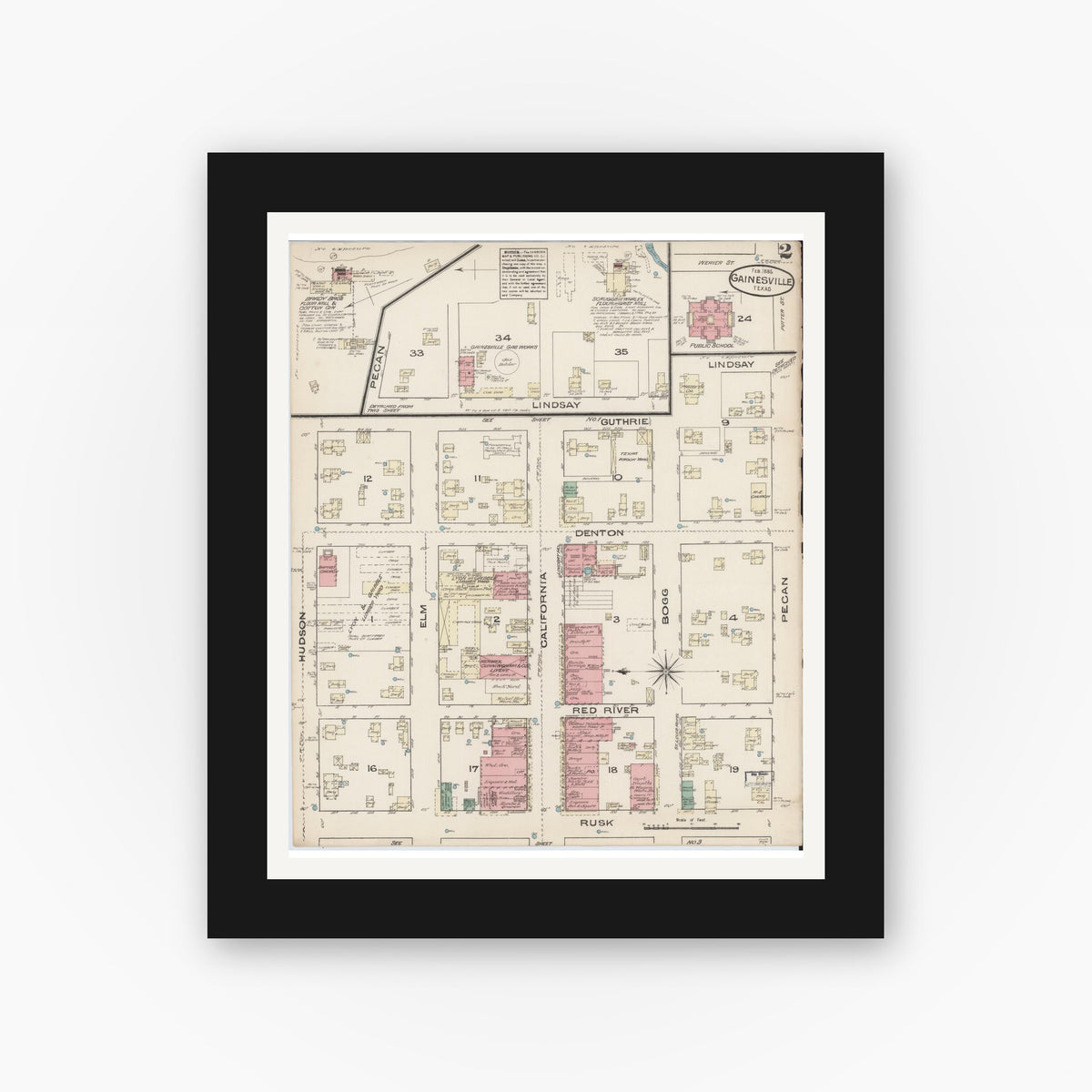 Old map wall art mockup — black gallery frame with white mat — Sanborn Fire Insurance Map from Gainesville, Cooke County, Texas (1885), Sheet #0002