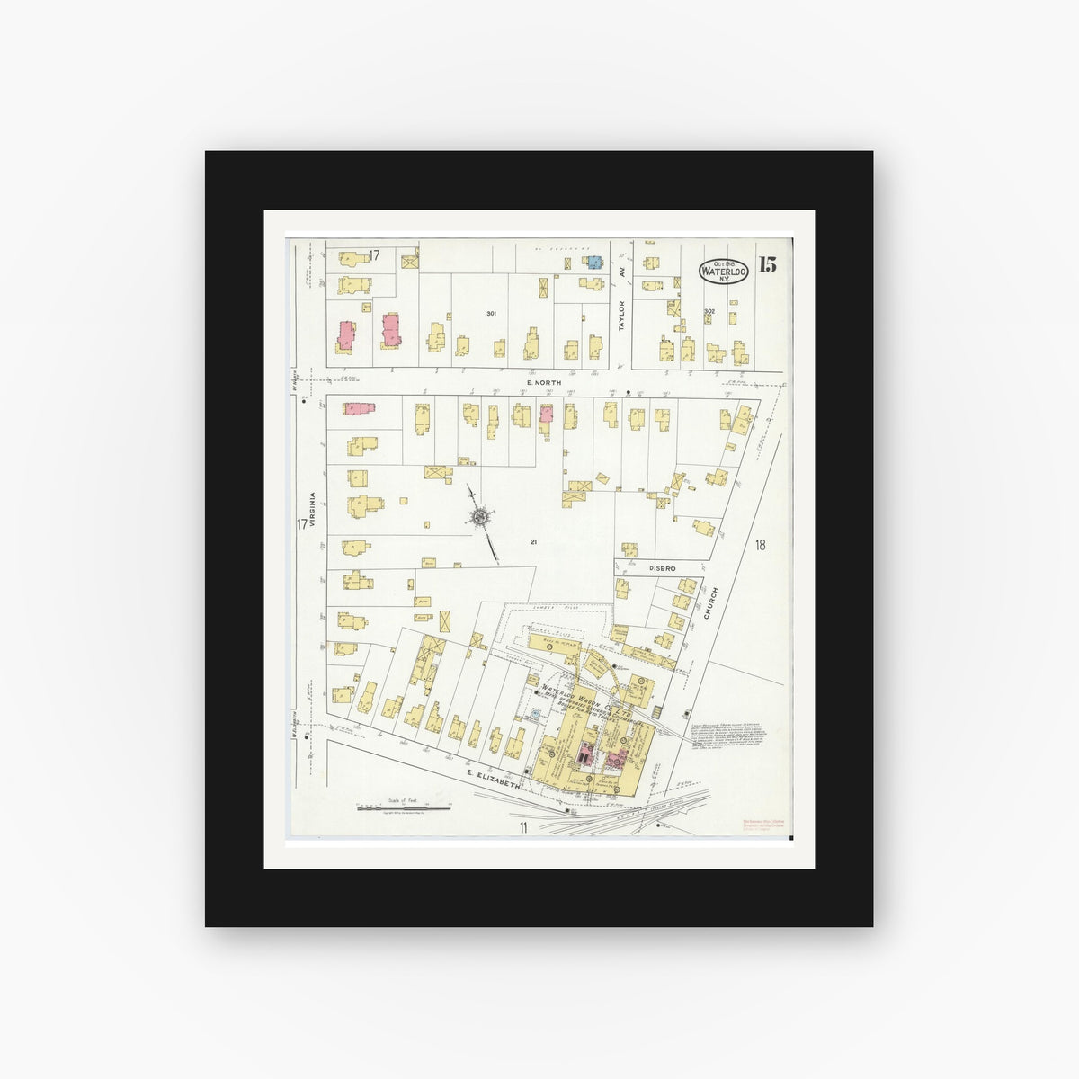 Old map wall art mockup — black gallery frame with white mat — Sanborn Fire Insurance Map from Waterloo, Seneca County, New York (1918), Sheet #0015