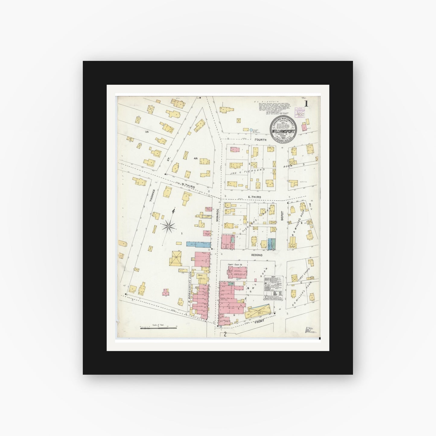 Old map wall art mockup — black gallery frame with white mat — Sanborn Fire Insurance Map from Williamsport, Warren County, Indiana (1905) - Complete Map Set