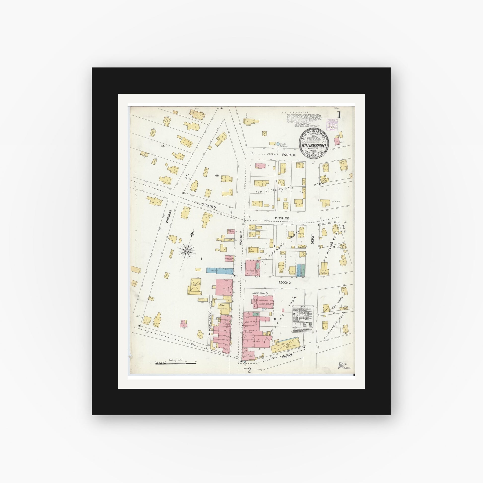 Old map wall art mockup — black gallery frame with white mat — Sanborn Fire Insurance Map from Williamsport, Warren County, Indiana (1905) - Complete Map Set