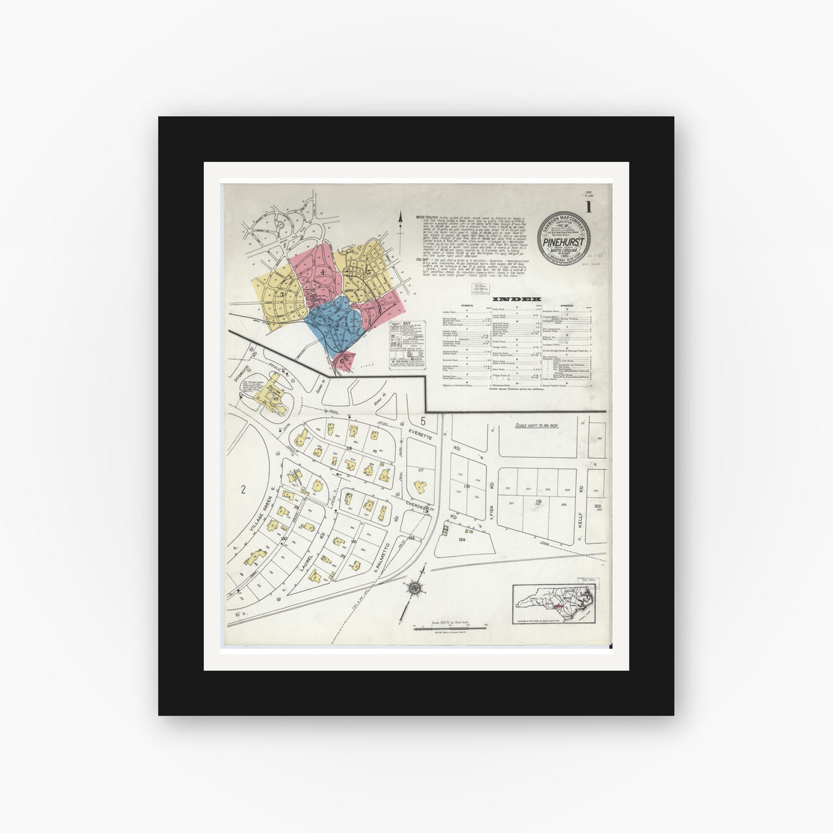 Old map wall art mockup — black gallery frame with white mat — Sanborn Fire Insurance Map from Pinehurst, Moore County, North Carolina (1920) - Complete Map Set