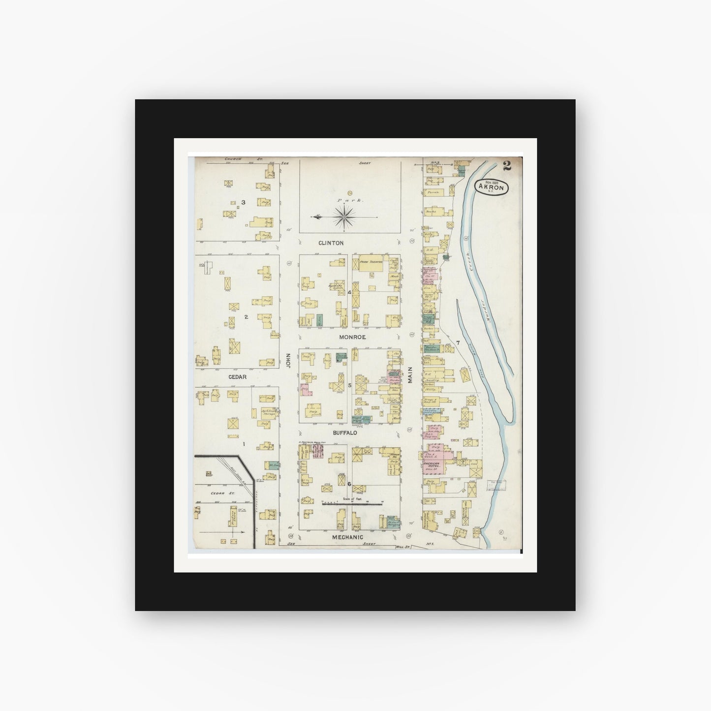 Old map wall art mockup — black gallery frame with white mat — Sanborn Fire Insurance Map from Akron, Erie County, New York (1889), Sheet #0002