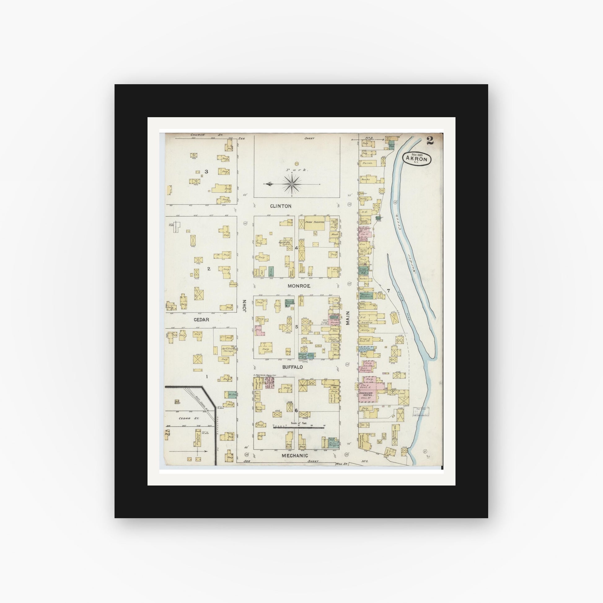 Old map wall art mockup — black gallery frame with white mat — Sanborn Fire Insurance Map from Akron, Erie County, New York (1889), Sheet #0002