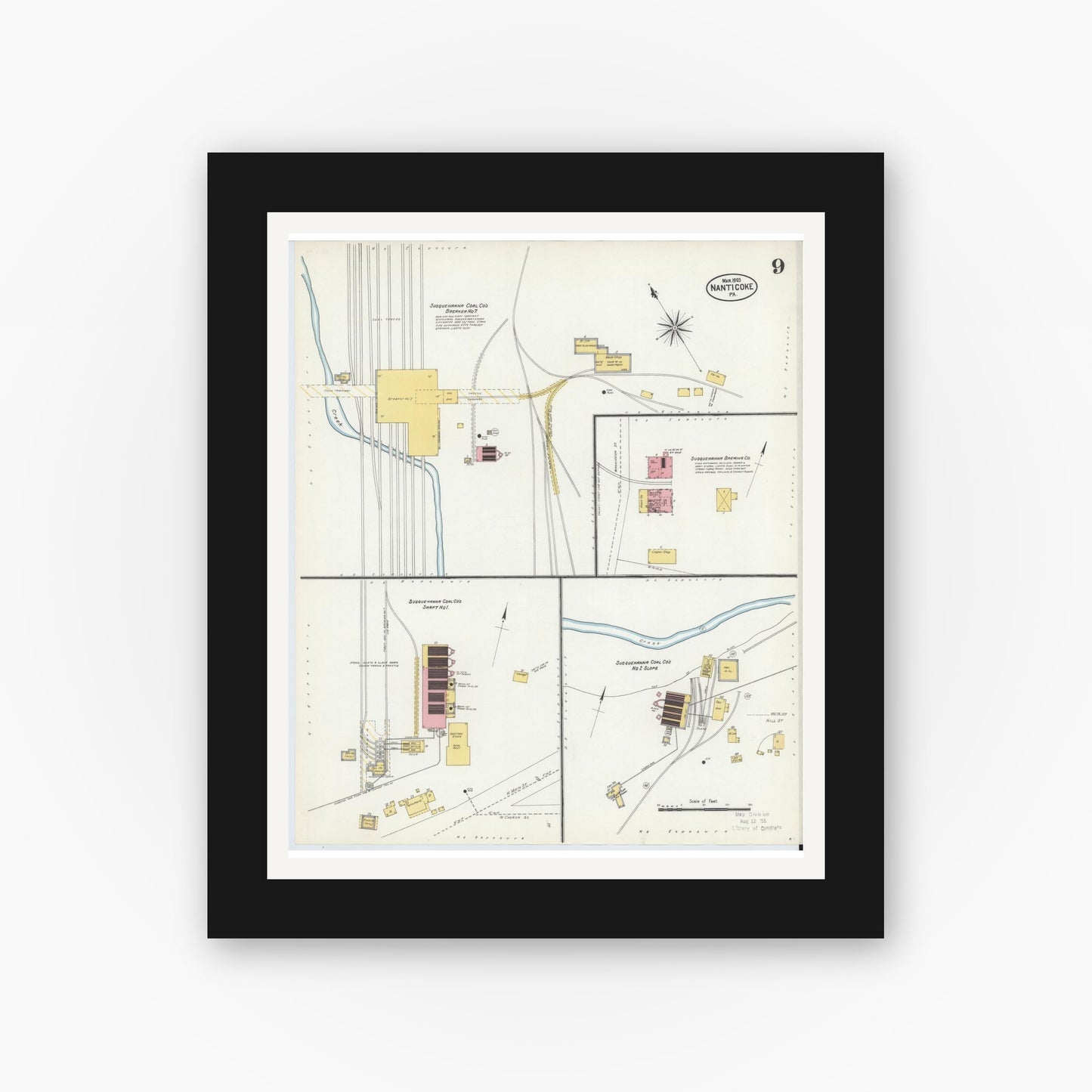 Old map wall art mockup — black gallery frame with white mat — Sanborn Fire Insurance Map from Nanticoke, Luzerne County, Pennsylvania (1903), Sheet #0009