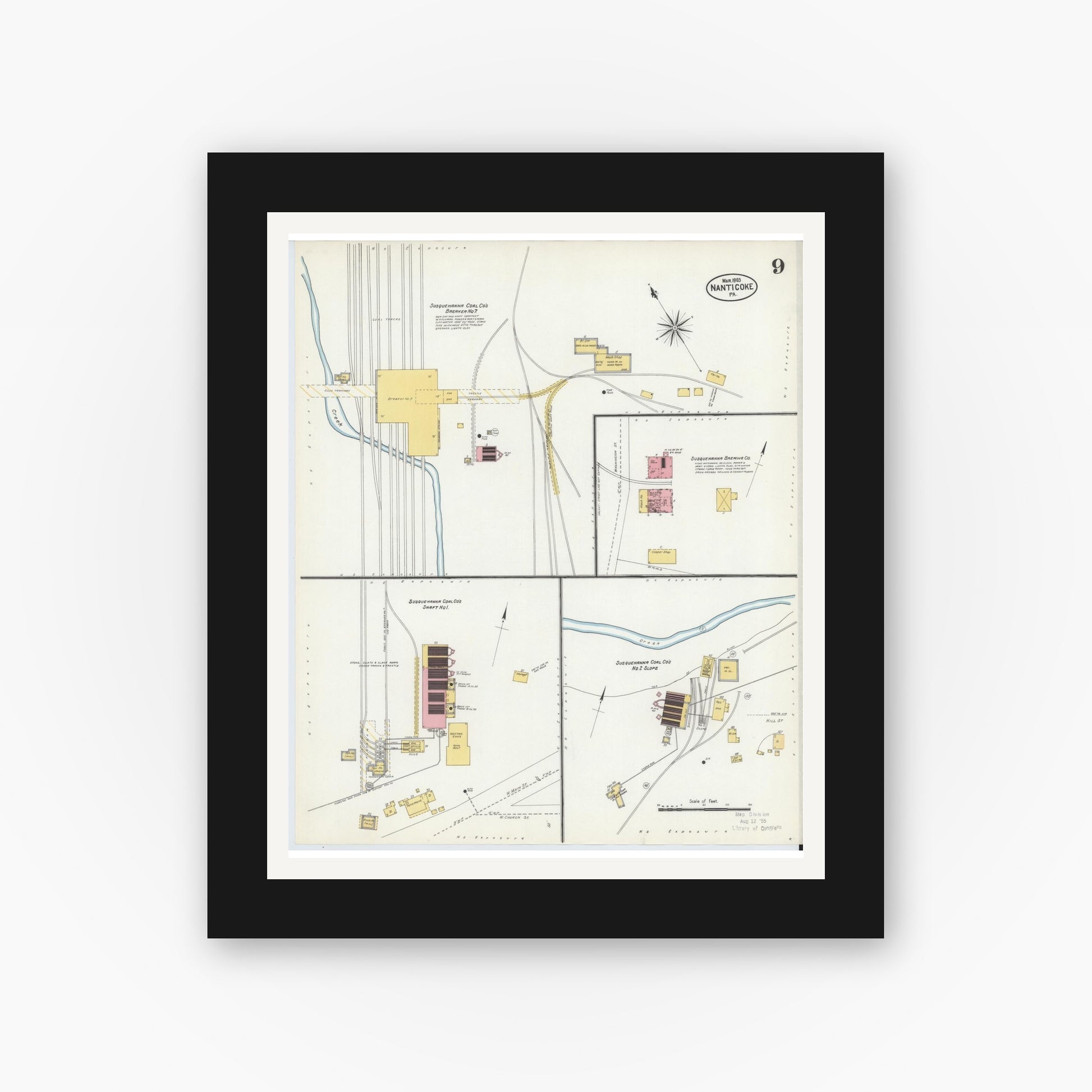 Old map wall art mockup — black gallery frame with white mat — Sanborn Fire Insurance Map from Nanticoke, Luzerne County, Pennsylvania (1903), Sheet #0009