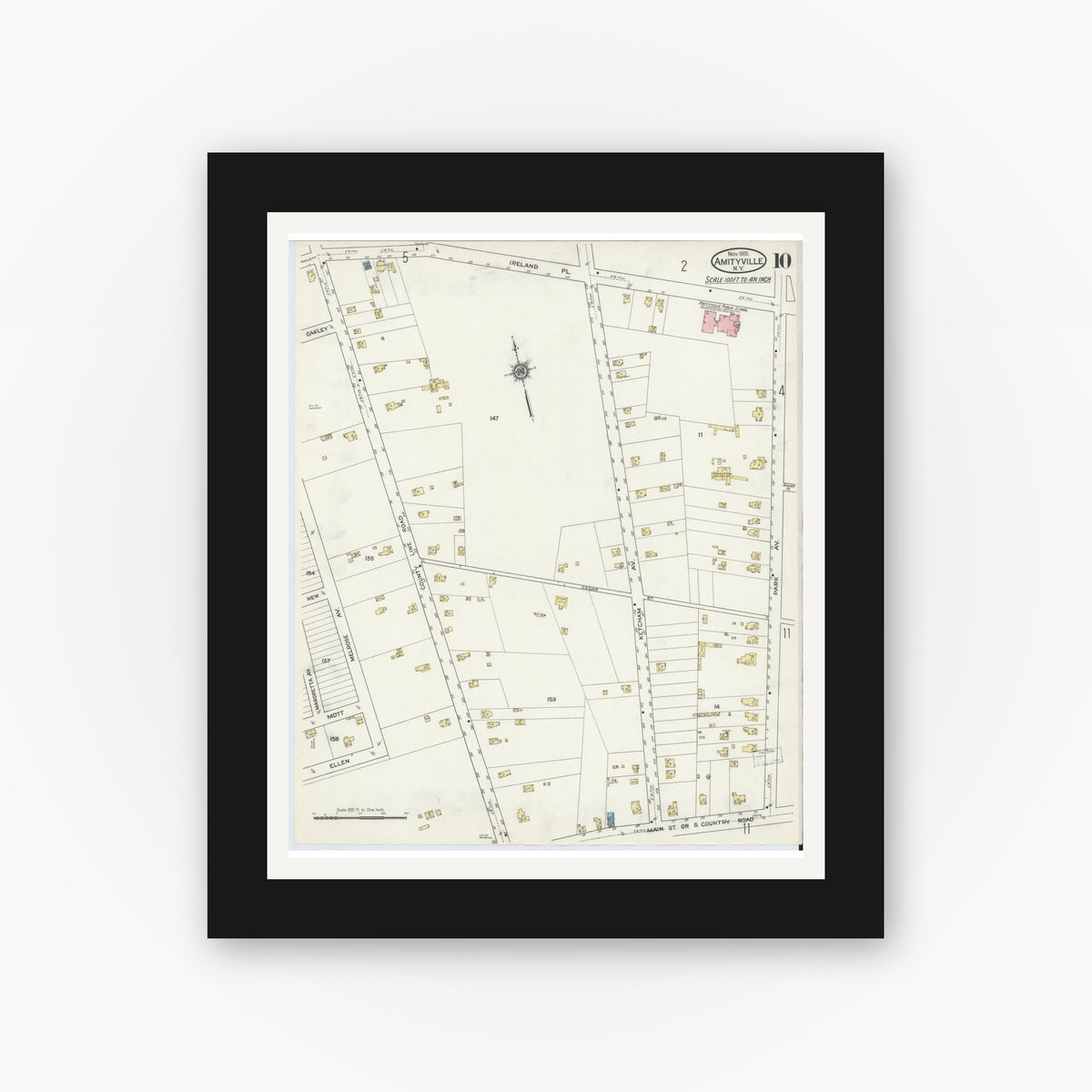 Old map wall art mockup — black gallery frame with white mat — Sanborn Fire Insurance Map from Amityville, Suffolk County, New York (1915), Sheet #0010
