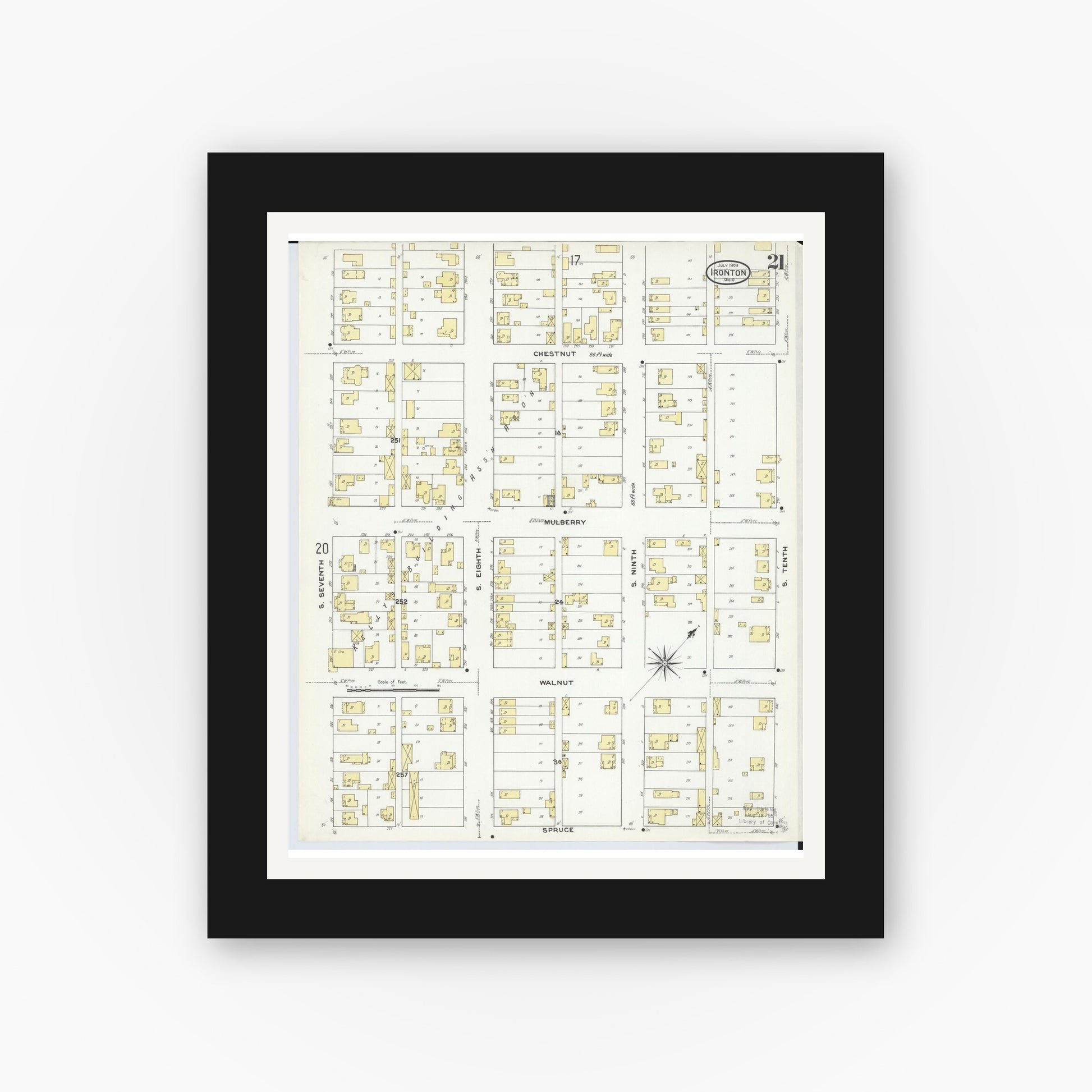 Old map wall art mockup — black gallery frame with white mat — Sanborn Fire Insurance Map from Ironton, Lawrence County, Ohio (1909), Sheet #0021
