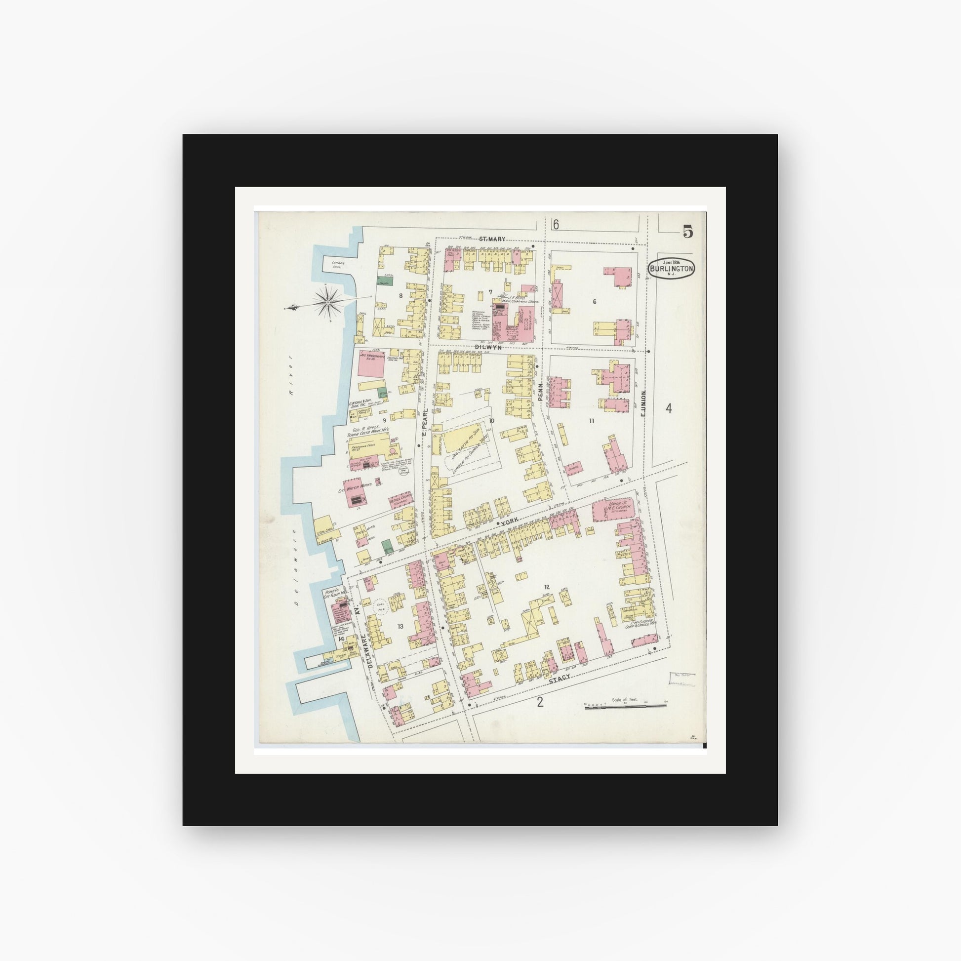 Old map wall art mockup — black gallery frame with white mat — Sanborn Fire Insurance Map from Burlington, Burlington County, New Jersey (1896), Sheet #0005