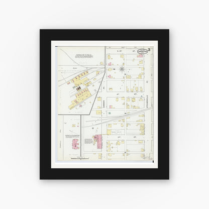 Old map wall art mockup — black gallery frame with white mat — Sanborn Fire Insurance Map from Cambridge, Guernsey County, Ohio (1892), Sheet #0003