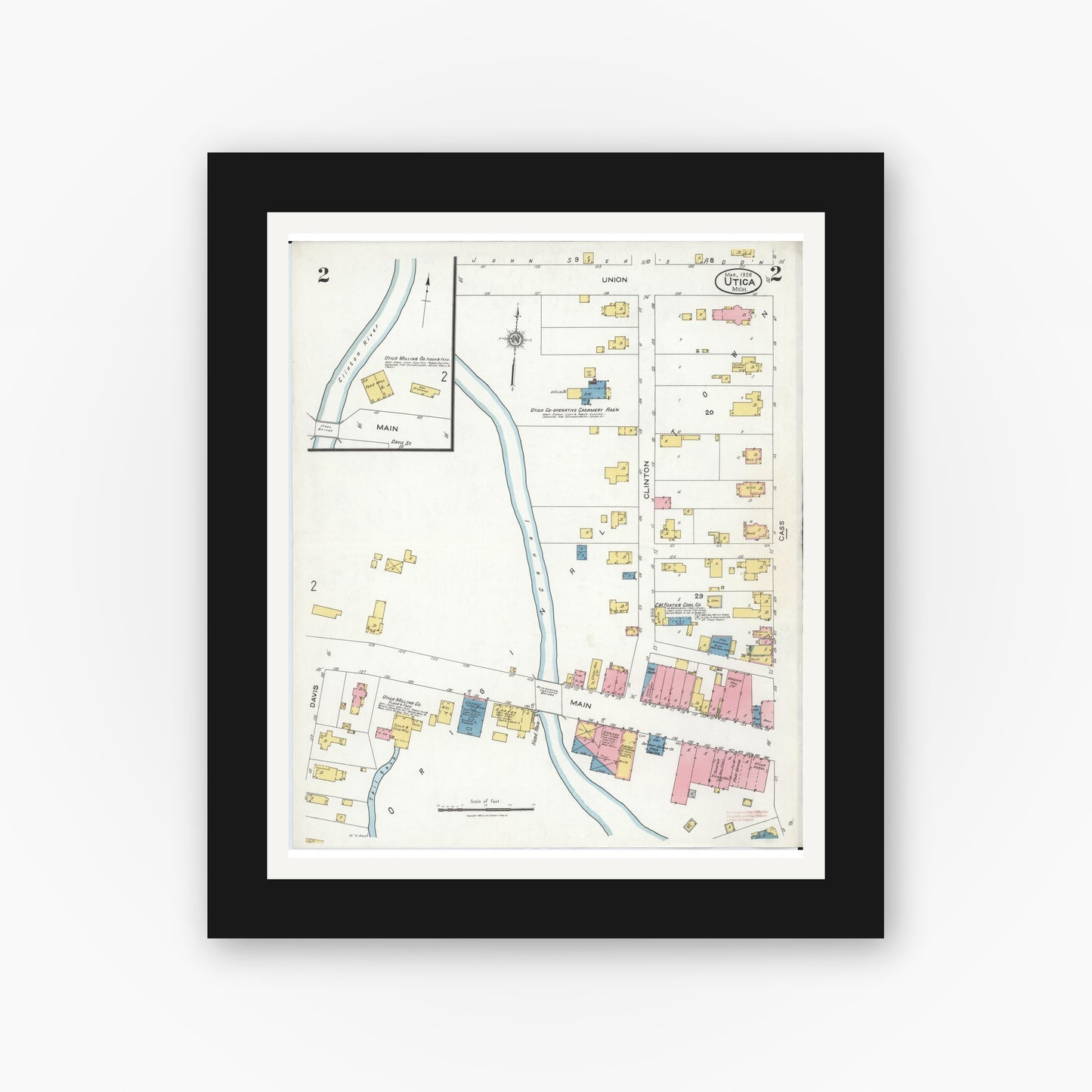 Old map wall art mockup — black gallery frame with white mat — Sanborn Fire Insurance Map from Utica, Macomb County, Michigan (1926), Sheet #0002