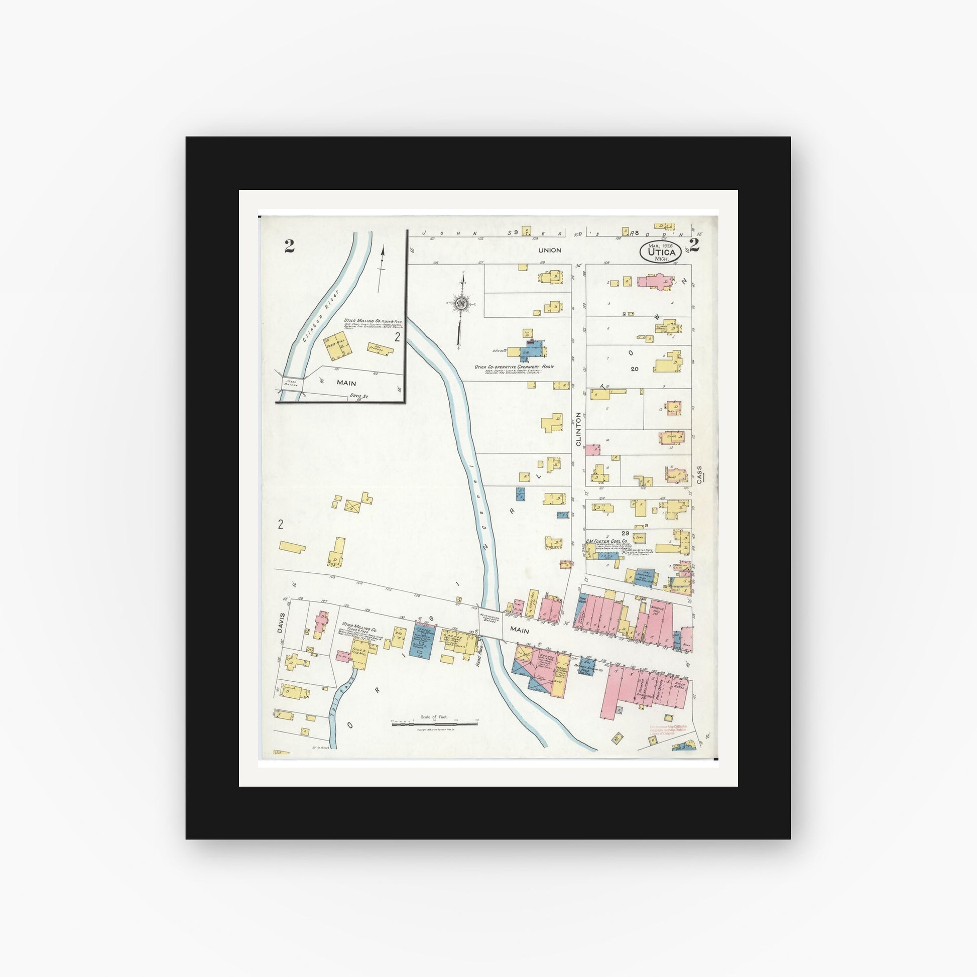 Old map wall art mockup — black gallery frame with white mat — Sanborn Fire Insurance Map from Utica, Macomb County, Michigan (1926), Sheet #0002