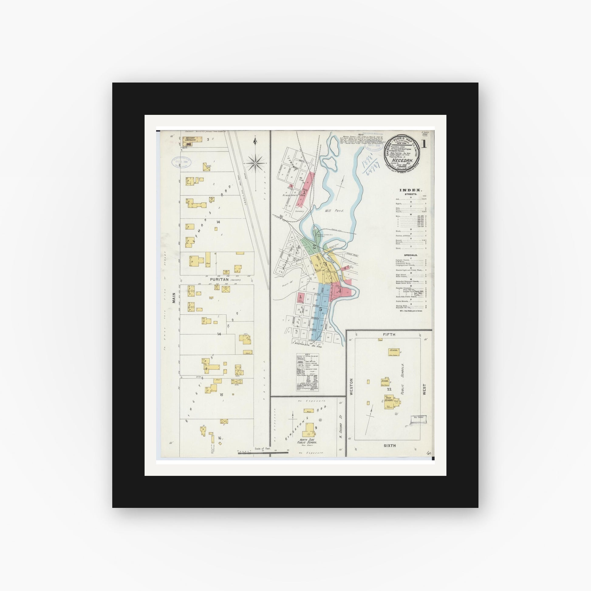 Old map wall art mockup — black gallery frame with white mat — Sanborn Fire Insurance Map from Necedah, Juneau County, Wisconsin (1898), Sheet #0001