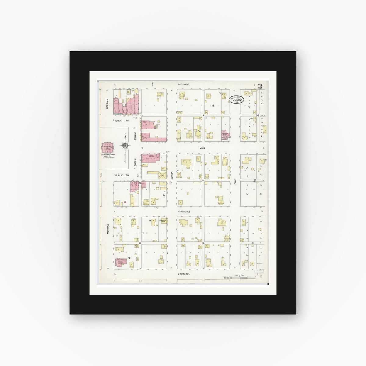 Old map wall art mockup — black gallery frame with white mat — Sanborn Fire Insurance Map from Toledo, Cumberland County, Illinois (1911), Sheet #0003