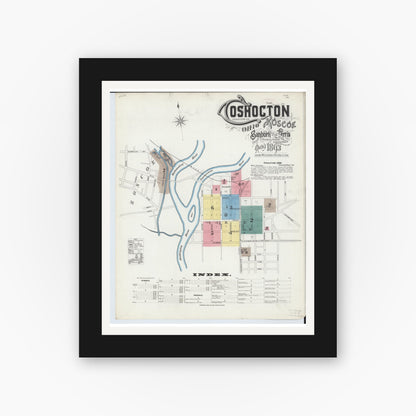 Old map wall art mockup — black gallery frame with white mat — Sanborn Fire Insurance Map from Coshocton, Coshocton County, Ohio (1893) - Complete Map Set