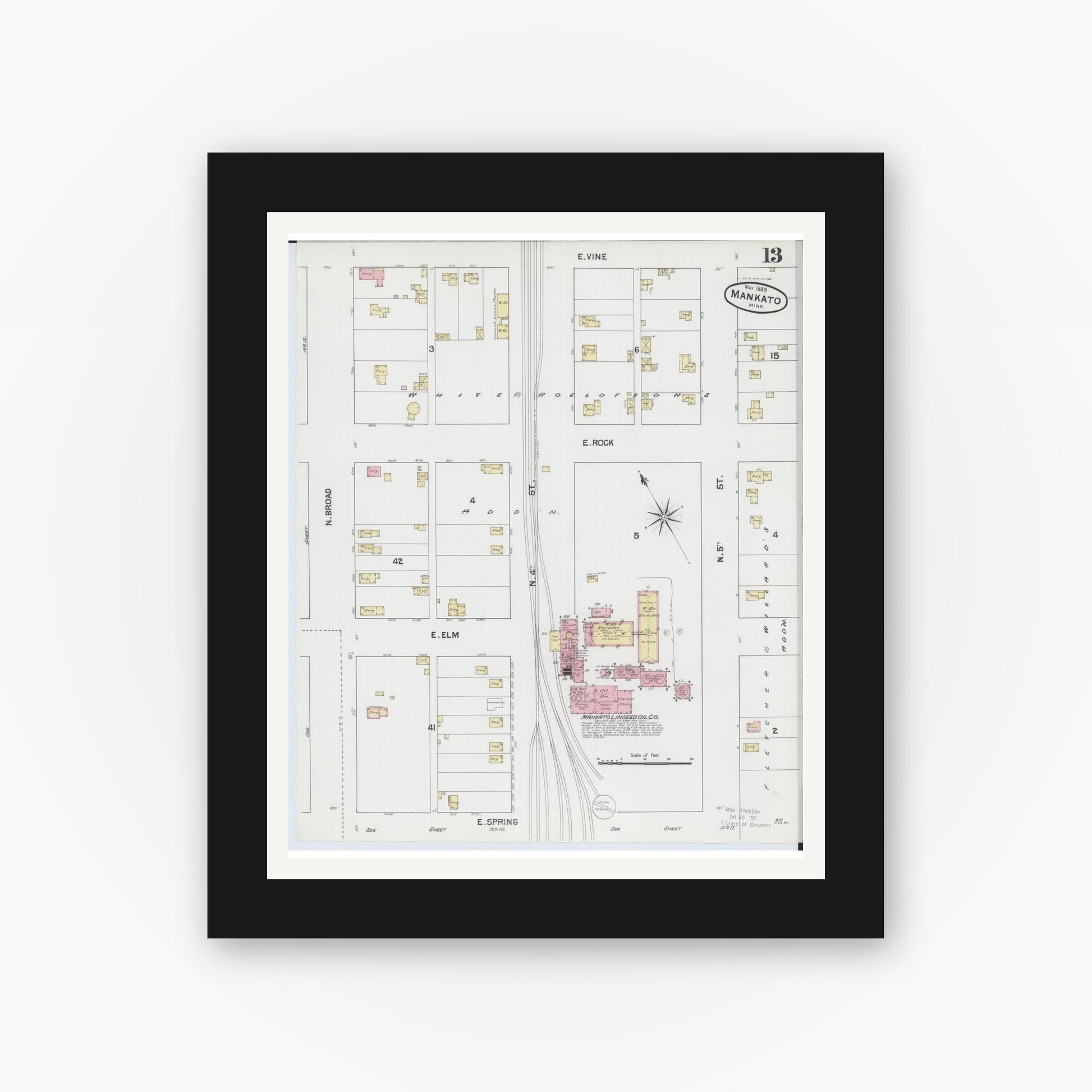 Old map wall art mockup — black gallery frame with white mat — Sanborn Fire Insurance Map from Mankato, Blue Earth County, Minnesota (1889), Sheet #0013