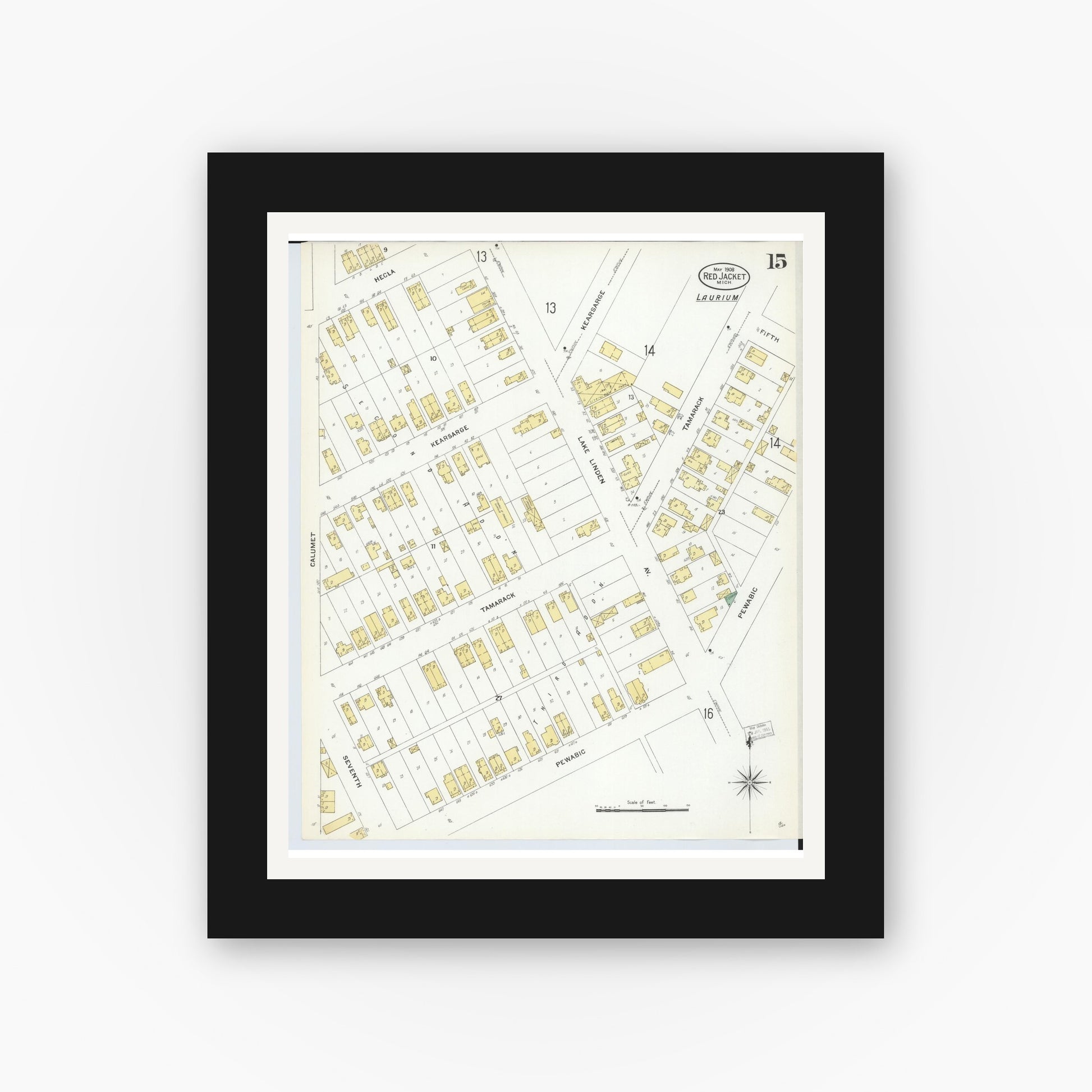 Old map wall art mockup — black gallery frame with white mat — Sanborn Fire Insurance Map from Red Jacket, Houghton County, Michigan (1908), Sheet #0015