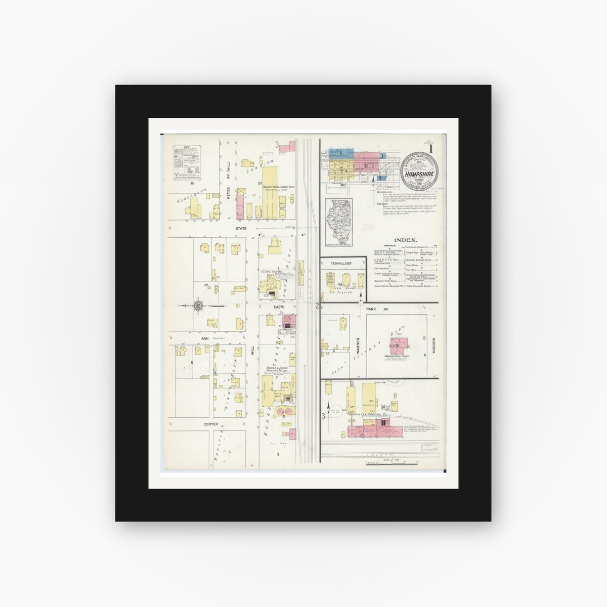 Old map wall art mockup — black gallery frame with white mat — Sanborn Fire Insurance Map from Hampshire, Kane County, Illinois (1912) - Complete Map Set