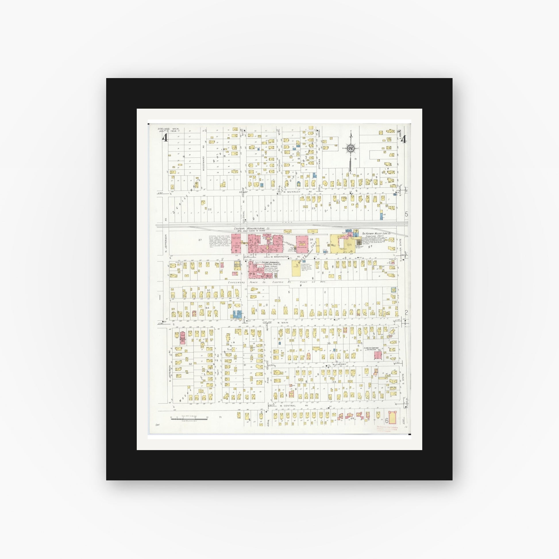 Old map wall art mockup — black gallery frame with white mat — Sanborn Fire Insurance Map from Zeeland, Ottawa County, Michigan (1934), Sheet #0004