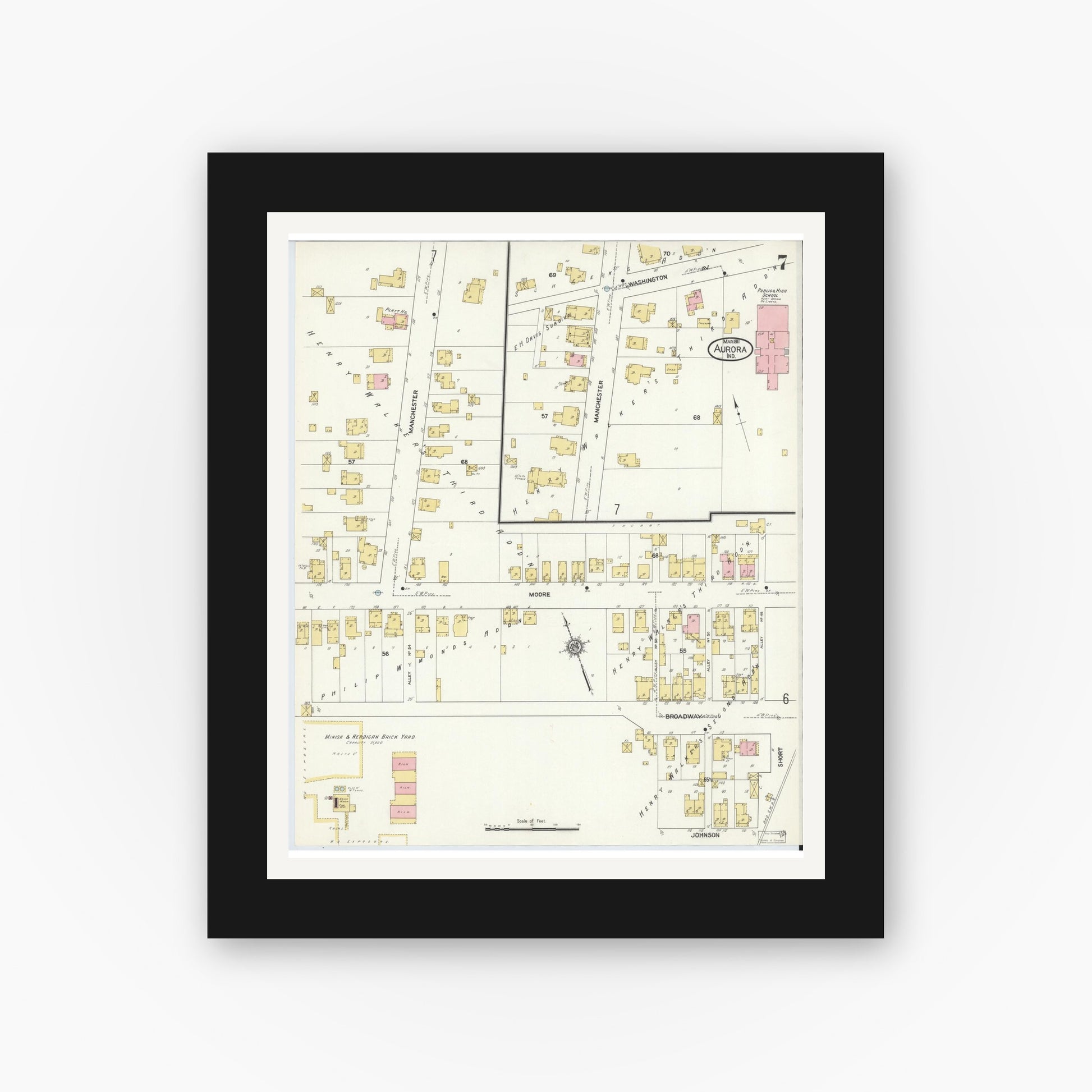Old map wall art mockup — black gallery frame with white mat — Sanborn Fire Insurance Map from Aurora, Dearborn County, Indiana (1911), Sheet #0007