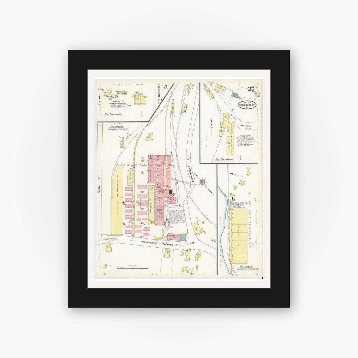 Old map wall art mockup — black gallery frame with white mat — Sanborn Fire Insurance Map from Stroudsburg, Monroe County, Pennsylvania (1912), Sheet #0027