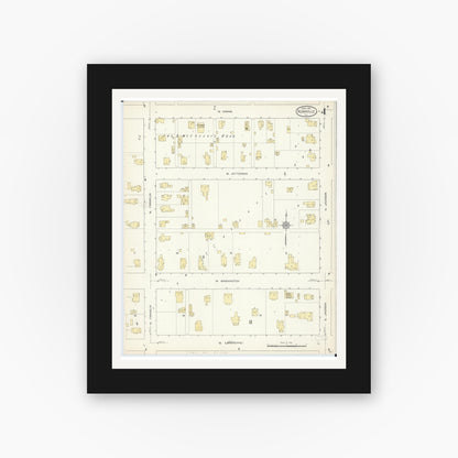 Old map wall art mockup — black gallery frame with white mat — Sanborn Fire Insurance Map from Rushville, Schuyler County, Illinois (1913), Sheet #0004
