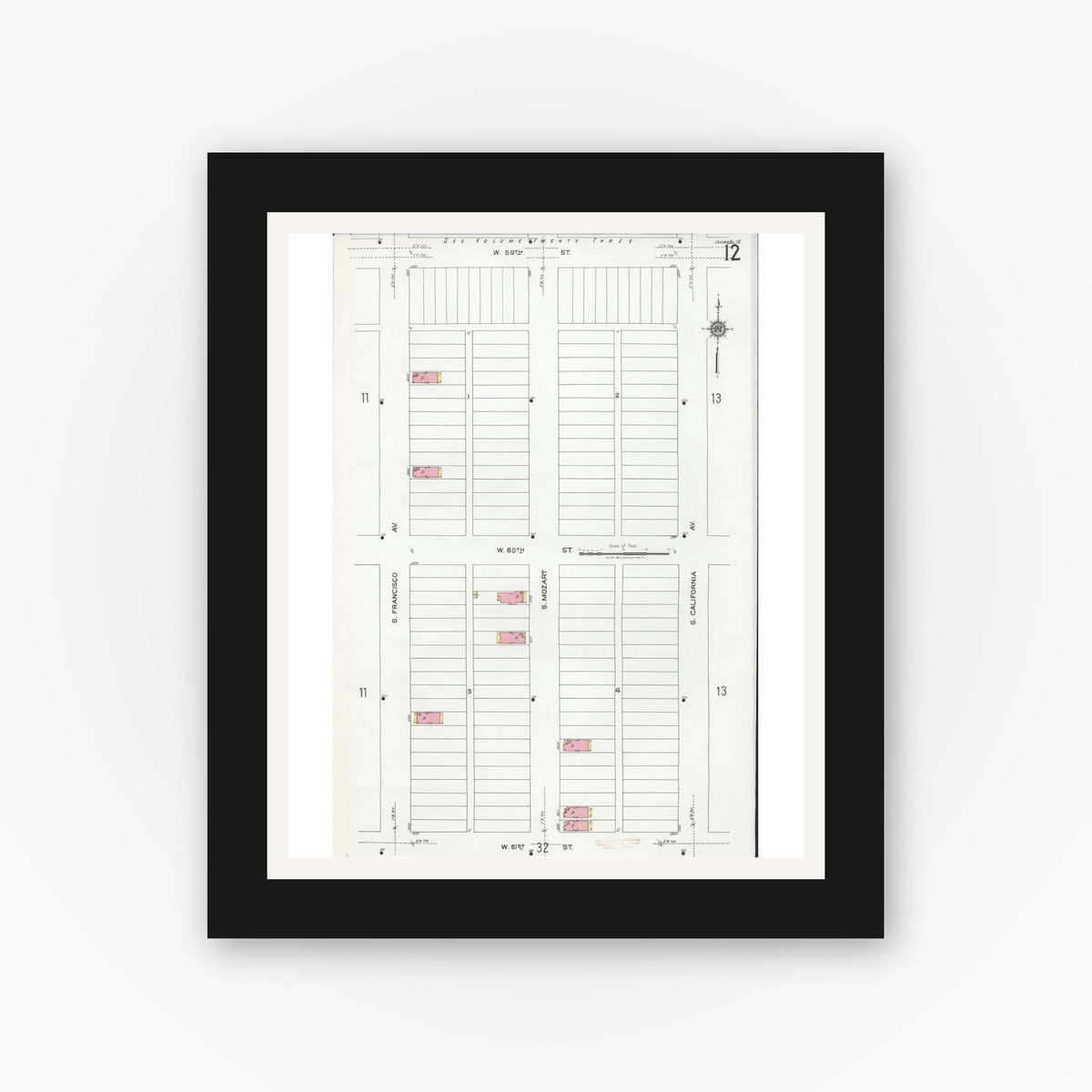 Old map wall art mockup — black gallery frame with white mat — Sanborn Fire Insurance Map from Chicago, Cook County, Illinois (1920), Sheet #0012