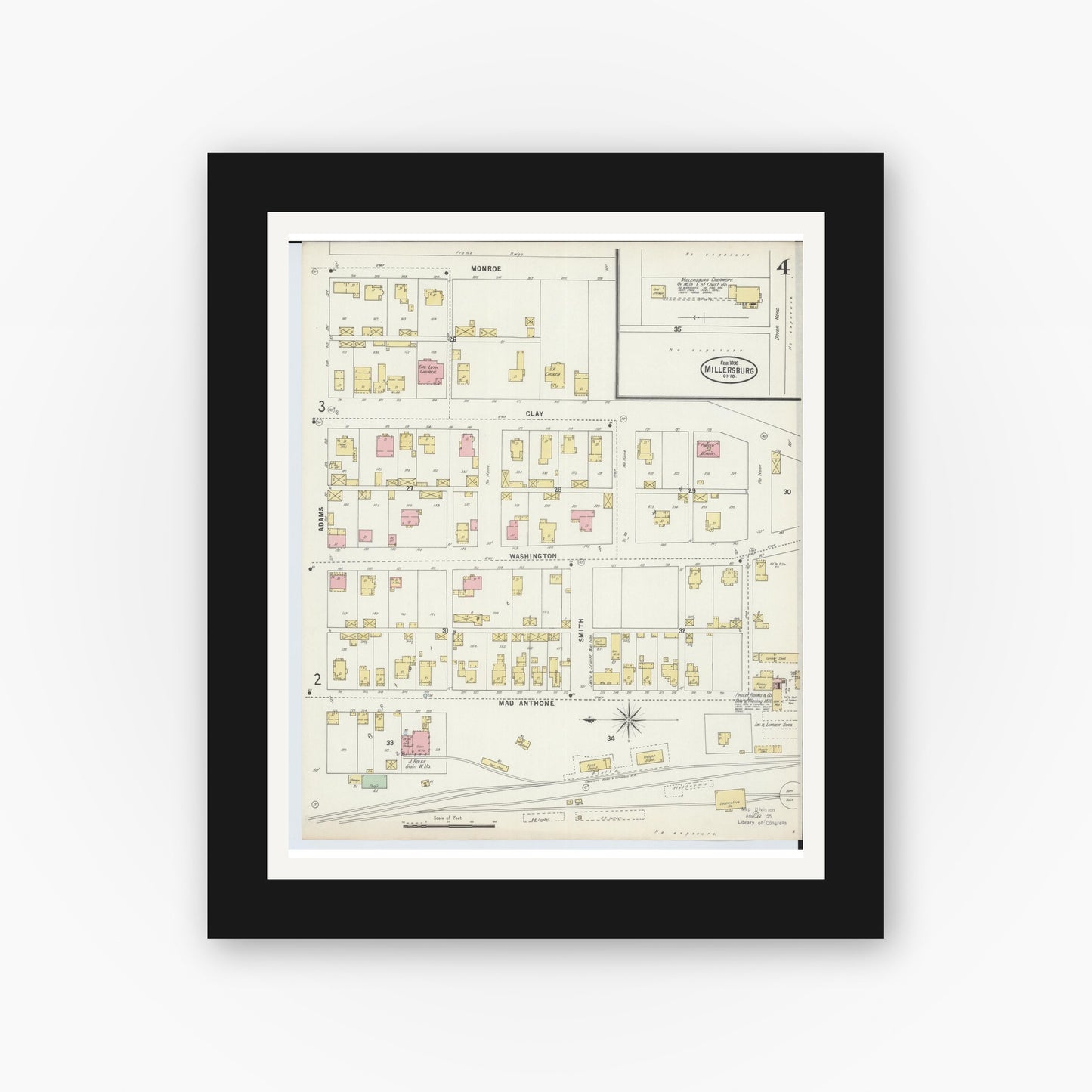 Old map wall art mockup — black gallery frame with white mat — Sanborn Fire Insurance Map from Millersburg, Holmes County, Ohio (1898), Sheet #0004
