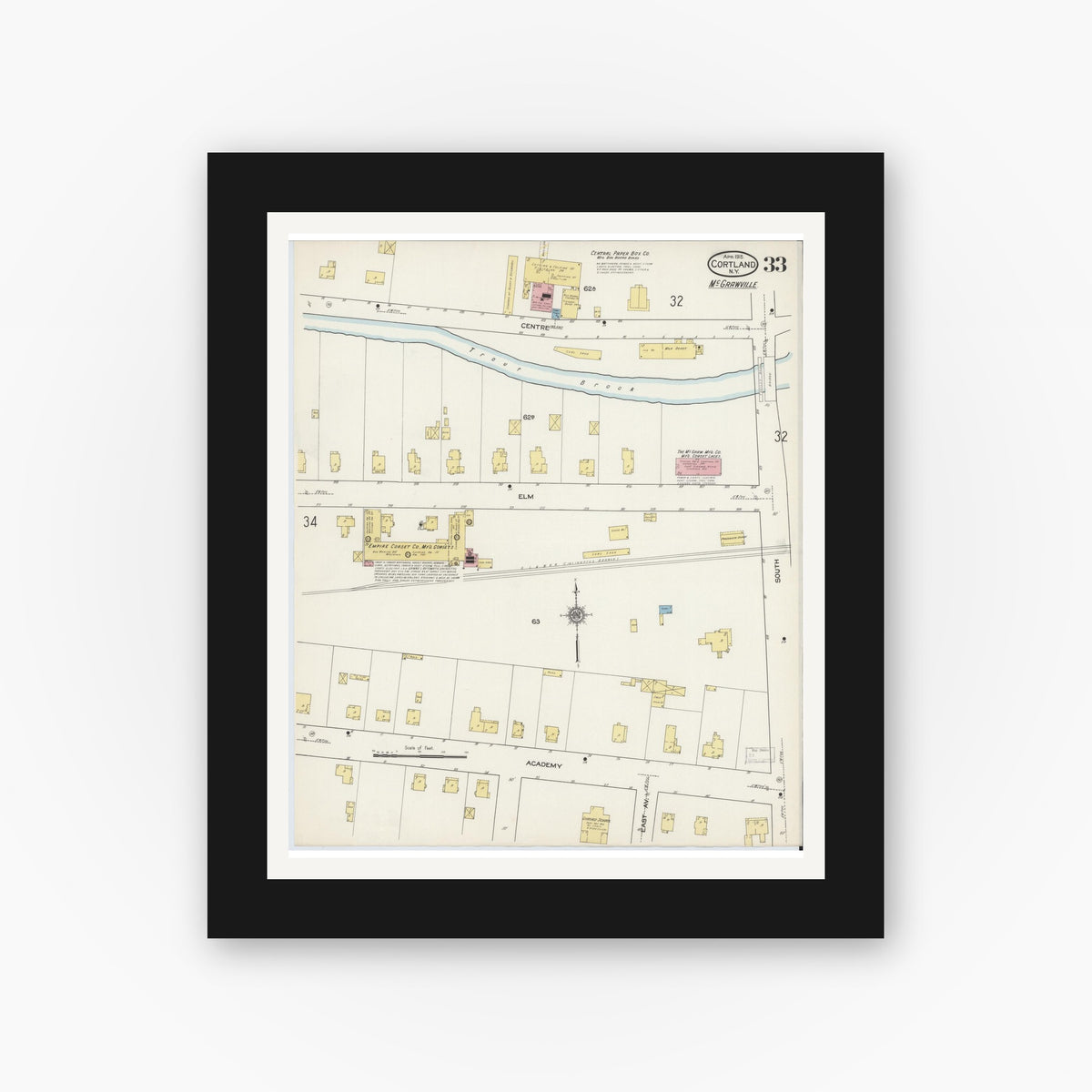 Old map wall art mockup — black gallery frame with white mat — Sanborn Fire Insurance Map from Cortland, Cortland County, New York (1915), Sheet #0033