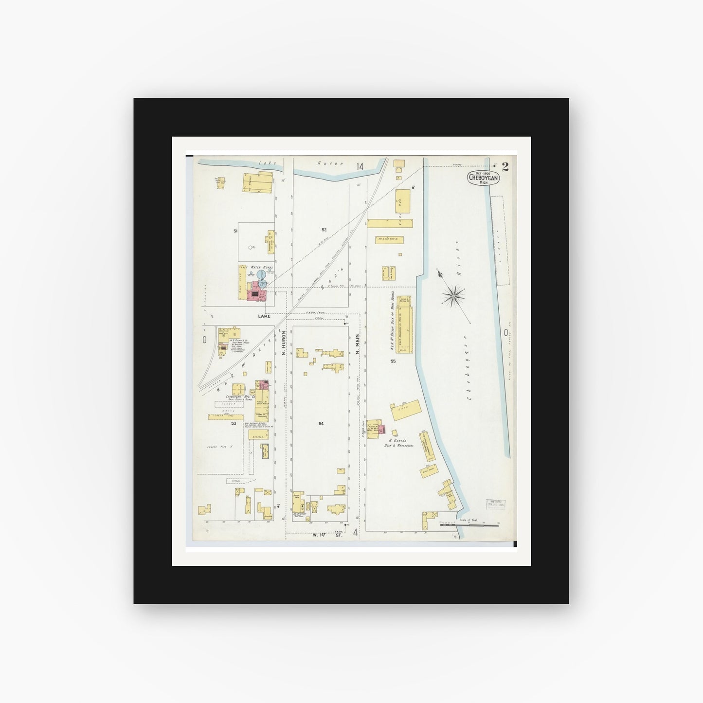 Old map wall art mockup — black gallery frame with white mat — Sanborn Fire Insurance Map from Cheboygan, Cheboygan County, Michigan (1900), Sheet #0002