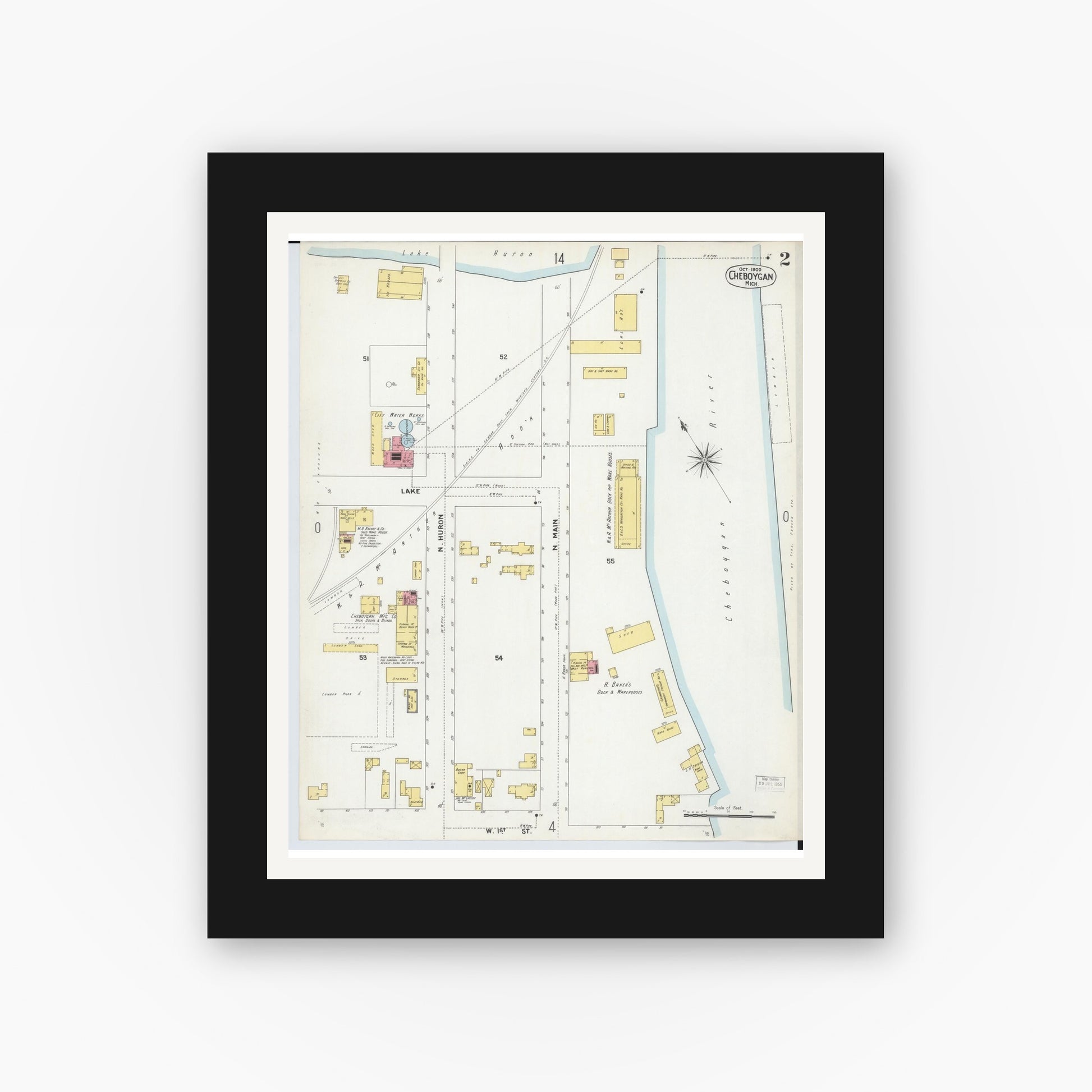 Old map wall art mockup — black gallery frame with white mat — Sanborn Fire Insurance Map from Cheboygan, Cheboygan County, Michigan (1900), Sheet #0002