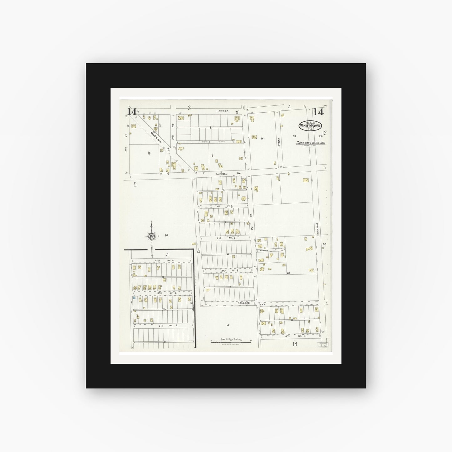 Old map wall art mockup — black gallery frame with white mat — Sanborn Fire Insurance Map from Winter Haven, Polk County, Florida (1924), Sheet #0014
