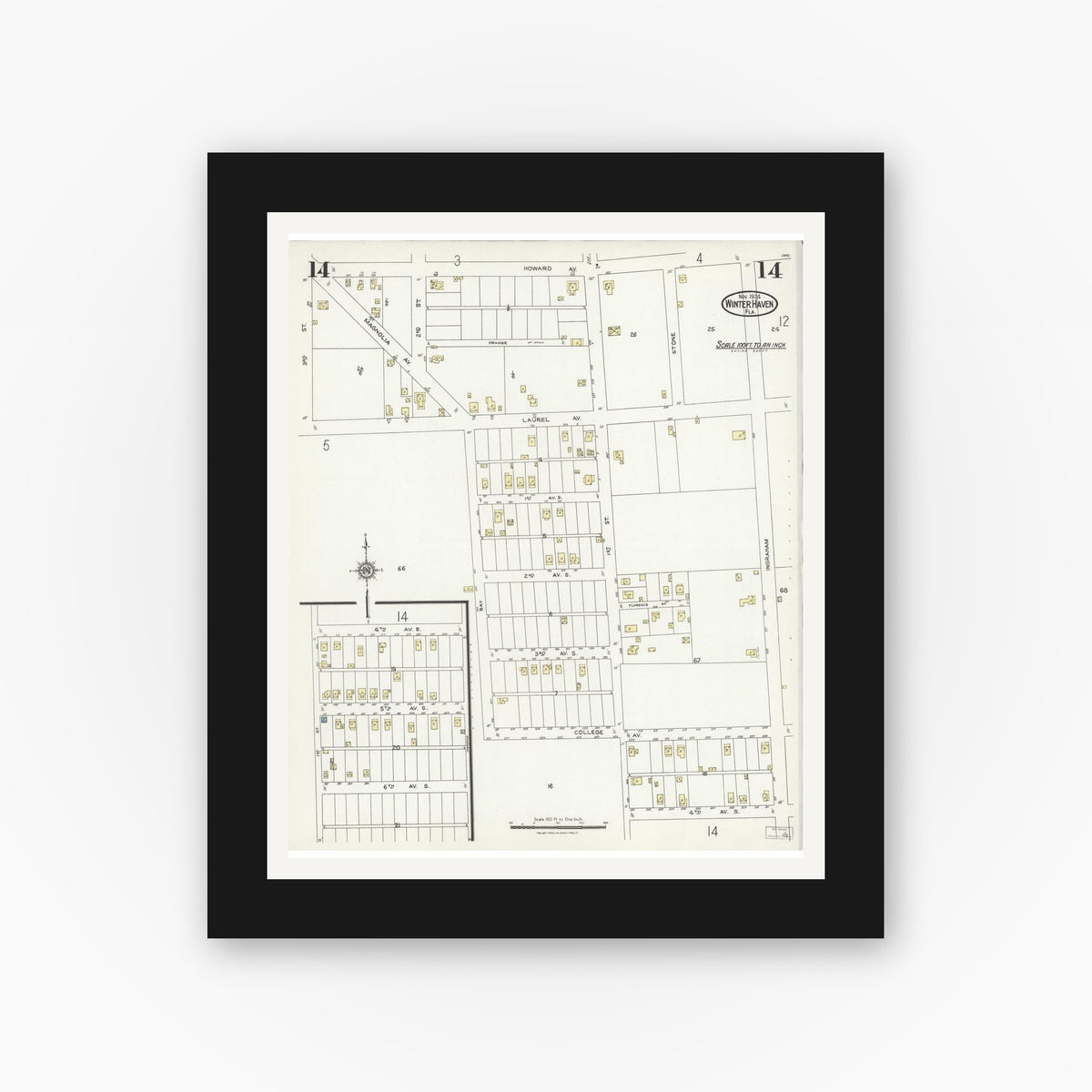 Old map wall art mockup — black gallery frame with white mat — Sanborn Fire Insurance Map from Winter Haven, Polk County, Florida (1924), Sheet #0014