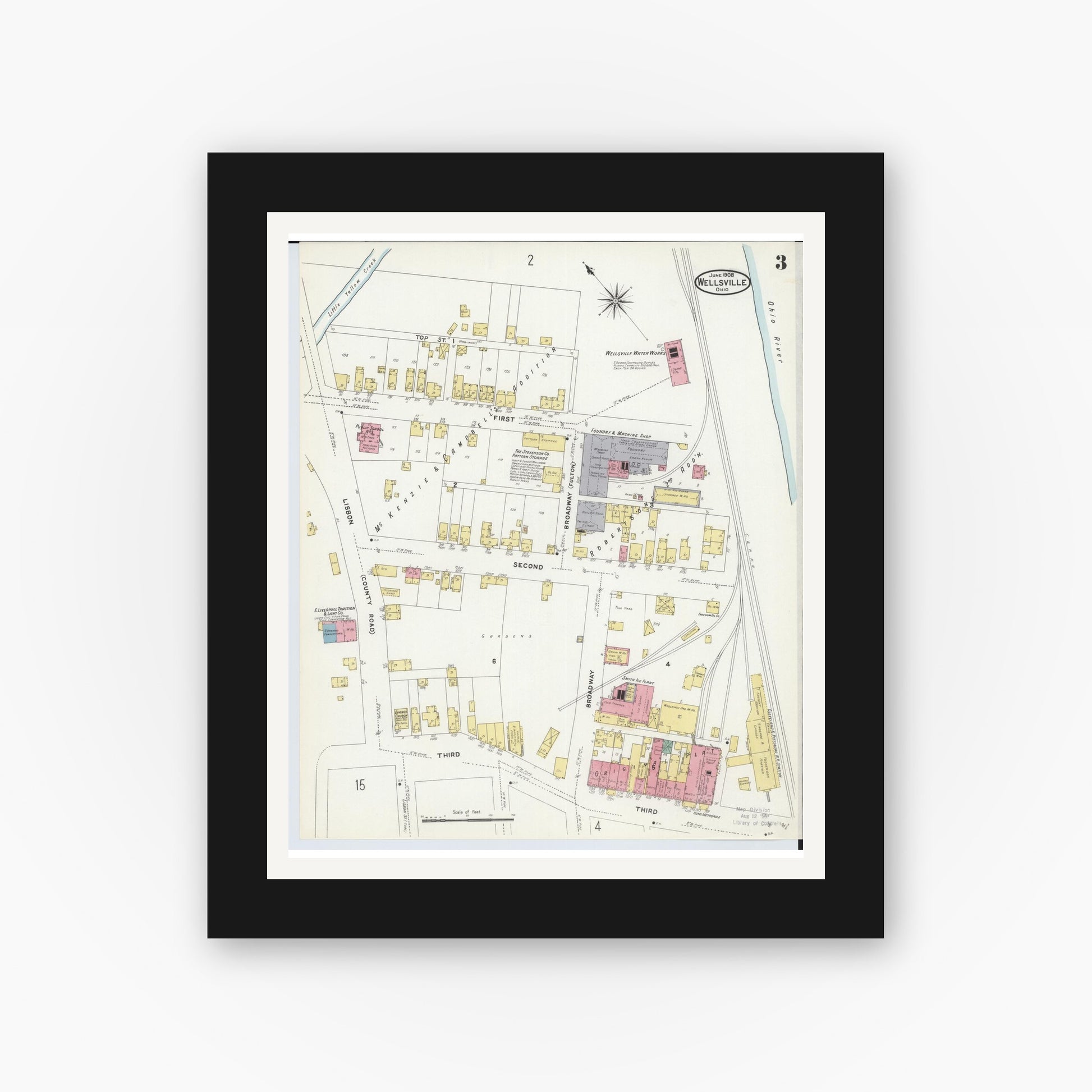 Old map wall art mockup — black gallery frame with white mat — Sanborn Fire Insurance Map from Wellsville, Columbiana County, Ohio (1908), Sheet #0003